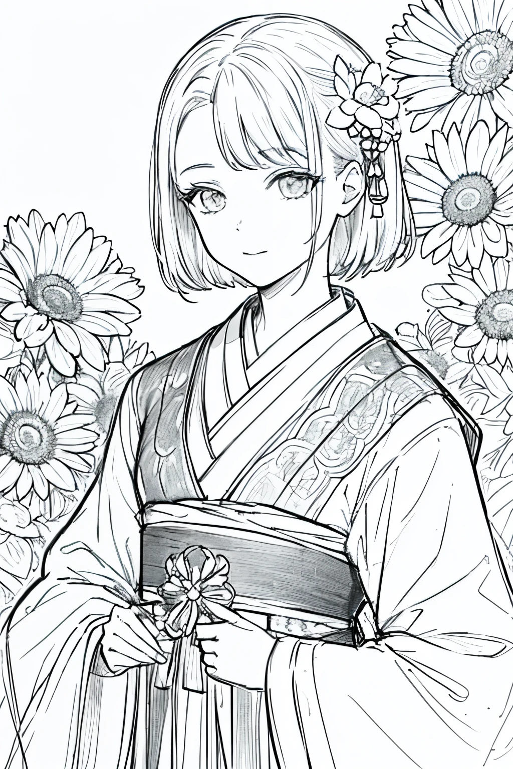 masterpiece, acura, 1girl, solo, hanfu, short hair, close up, flower line drawing background, white background, monochrome, line drawing, ((sketch))