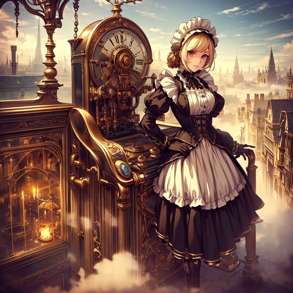 (masterpiece), best quality, expressive eyes, perfect face, ((perfect anatomy, best hands)), 1girl, (solo:1.5), a maid with a huge Winding Key at her back in steampunk style ((holding a machine)) standing on the top of stairroom, blond, gear,dial, boots, (white_apron:1.3),(maid headdress:1.3), black_dress,steampunk, gloves, belt puch, boots, suspenders, chain), (outdoors:1.5),London,street,(Victorian_era:1.5),(fog:1.5,steam:1),orange_sky,city view,(from_above:1.1),VictorianPunkAI