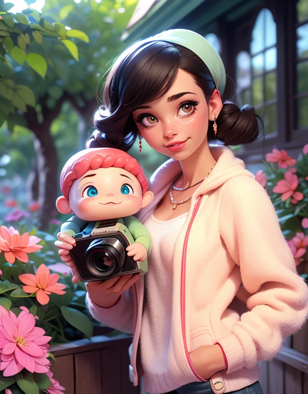 (best quality, 4k, 8k, Altas, master part:1.2), ultra-detalhado, (Realistic, fotorrealista, photo-realistic:1.37), frisky, Cartoon, garota, sorriso bonito, ao ar livre, 3D rendering, belos olhos detalhados, beautiful detailed lips, olhos e rosto extremamente detalhados, long eyeslashes, Coloridos, soft lighting, summer scenery, Grama Verde, atmosfera animada