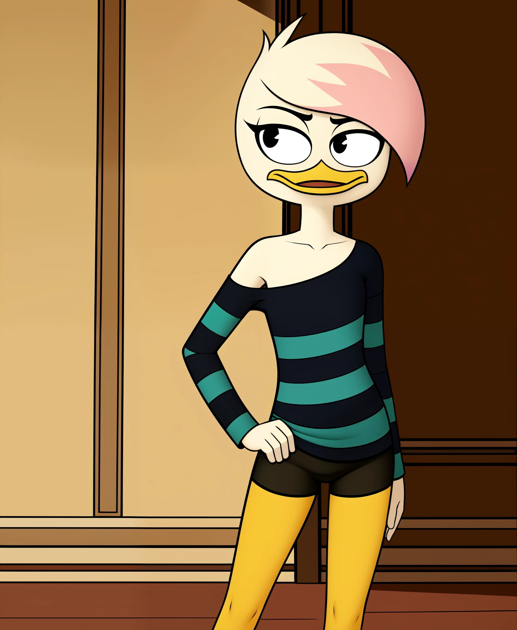 (by drockdraw:1.2) (by chelodoy:1) (by ashraely:1) lena sabrewing, white skin, white hair, pink highlights, long sleeves, striped shirt, teal dress shirt, orange legs:1.2, tsundere:1.3, black eyes, scut tail, ducktales, eyeliner, off shoulder, beak, short hair, standing, solo:1.2, duck, beak, black shorts, tight shorts, hand on hip, wide eyes, eyeliner, black eyes, off shoulder, short hair (mansion background, inside:1.2)