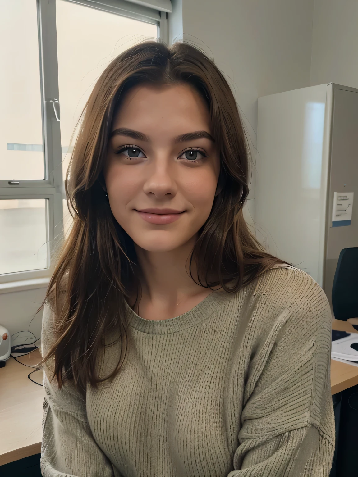 Shot of a 20 year old beautiful model, nicht zu perfekt. foto soll wie amateur wirken, braune Haare, blaue Augen, happy face, realistische Fotografie. modernen pullover an, at work in the office