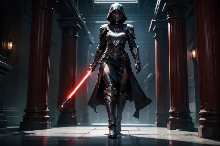 a woman in a dark knight outfit holding a light saber, wearing black sith uniform, sith, darth revan, sith lord, female assassin, ww 1 sith sorcerer, amazing 8k character concept art, female jedi, clothed in stealth armor, unreal engine character art, cyberpunk knight, cyberpunk nun warrior, sith lord. dramatic lighting, wearing leather assassin armor