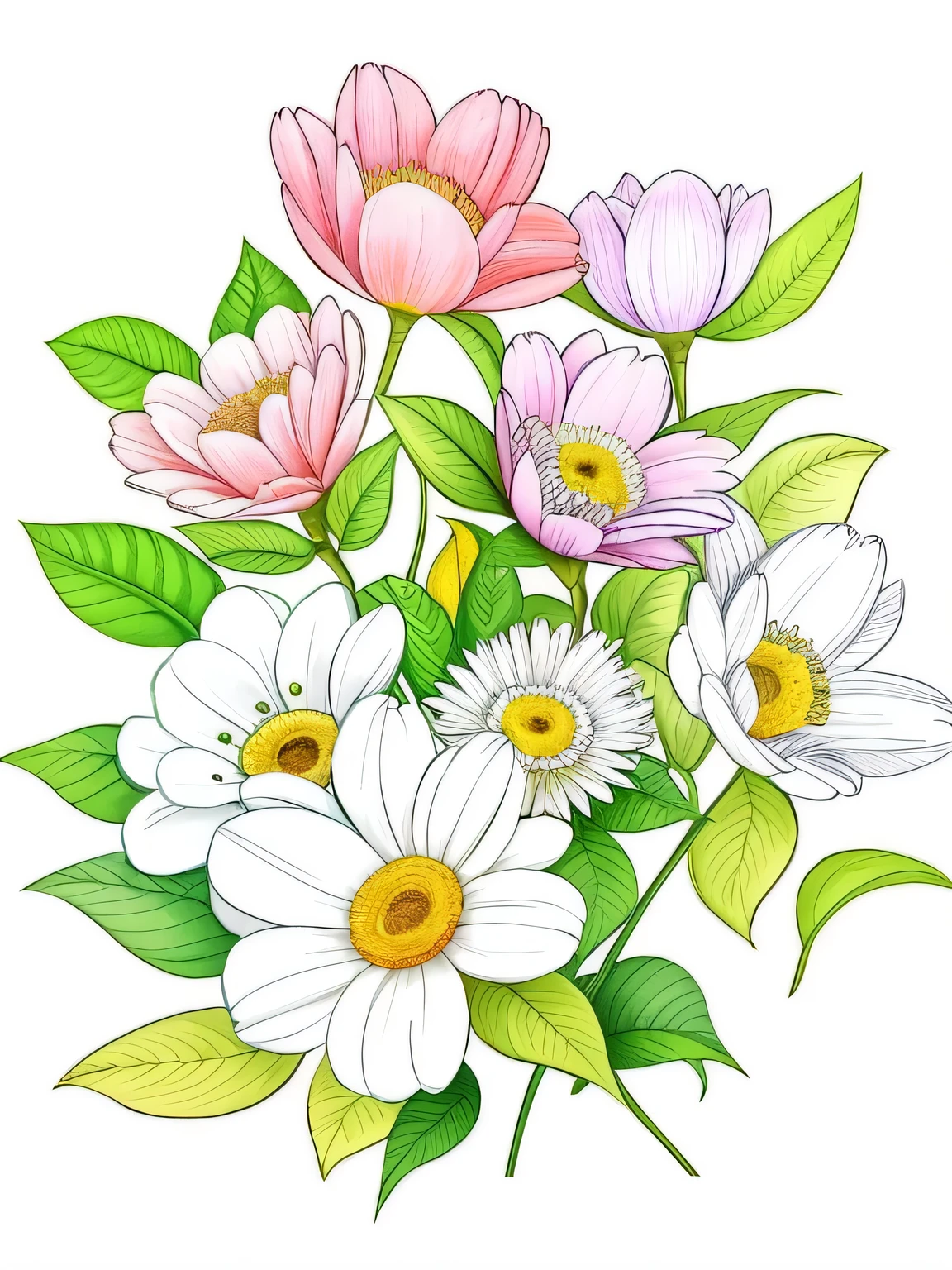 Drawing of a bouquet of flowers with leaves and flowers, Line - Art, Coloring book outline, clean coloring book page, with colored flowers, coloring page, line art colouring page, coloring book page, Line art, clean lineart, colouring - in sheet, flowers and foliage, coloring page,  line art, Clean line art, outline art, spring flowers