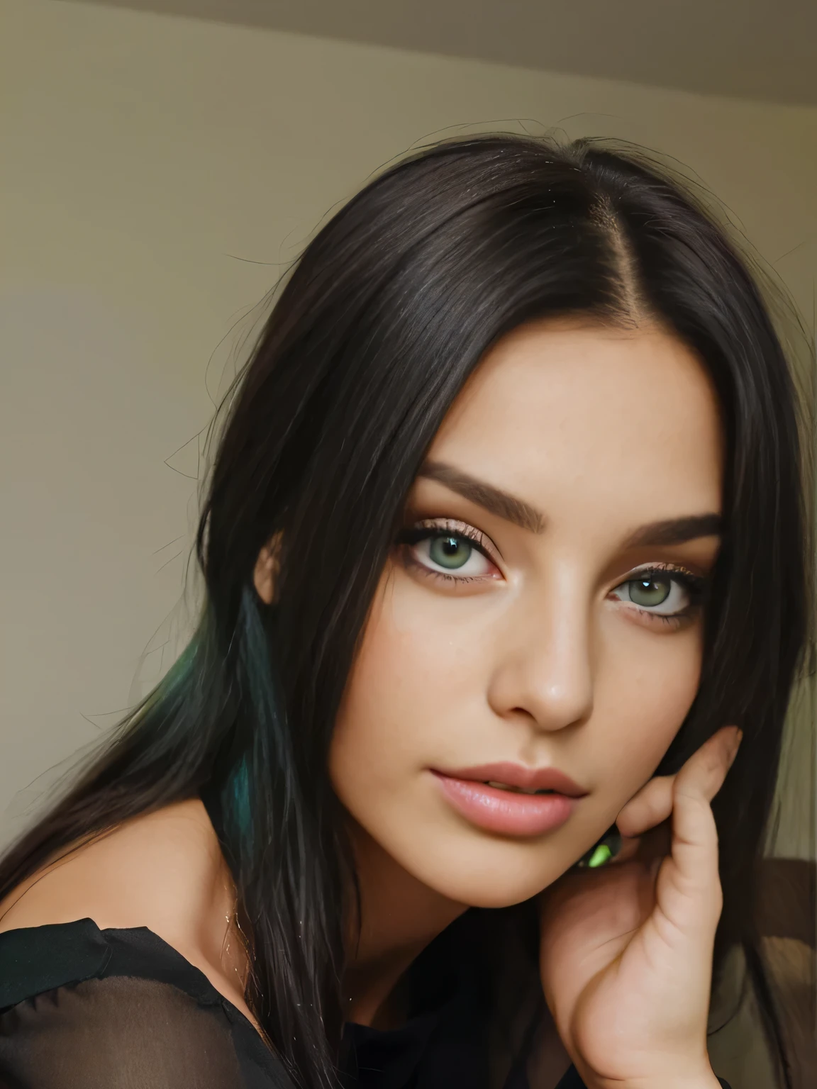 a 24-year-old woman, very beautiful, brunette with green locks and green eyes, a portrait type picture, to be dressed in a black blouse, and to be very beautiful and to look very real, to be an image with a quality very good
