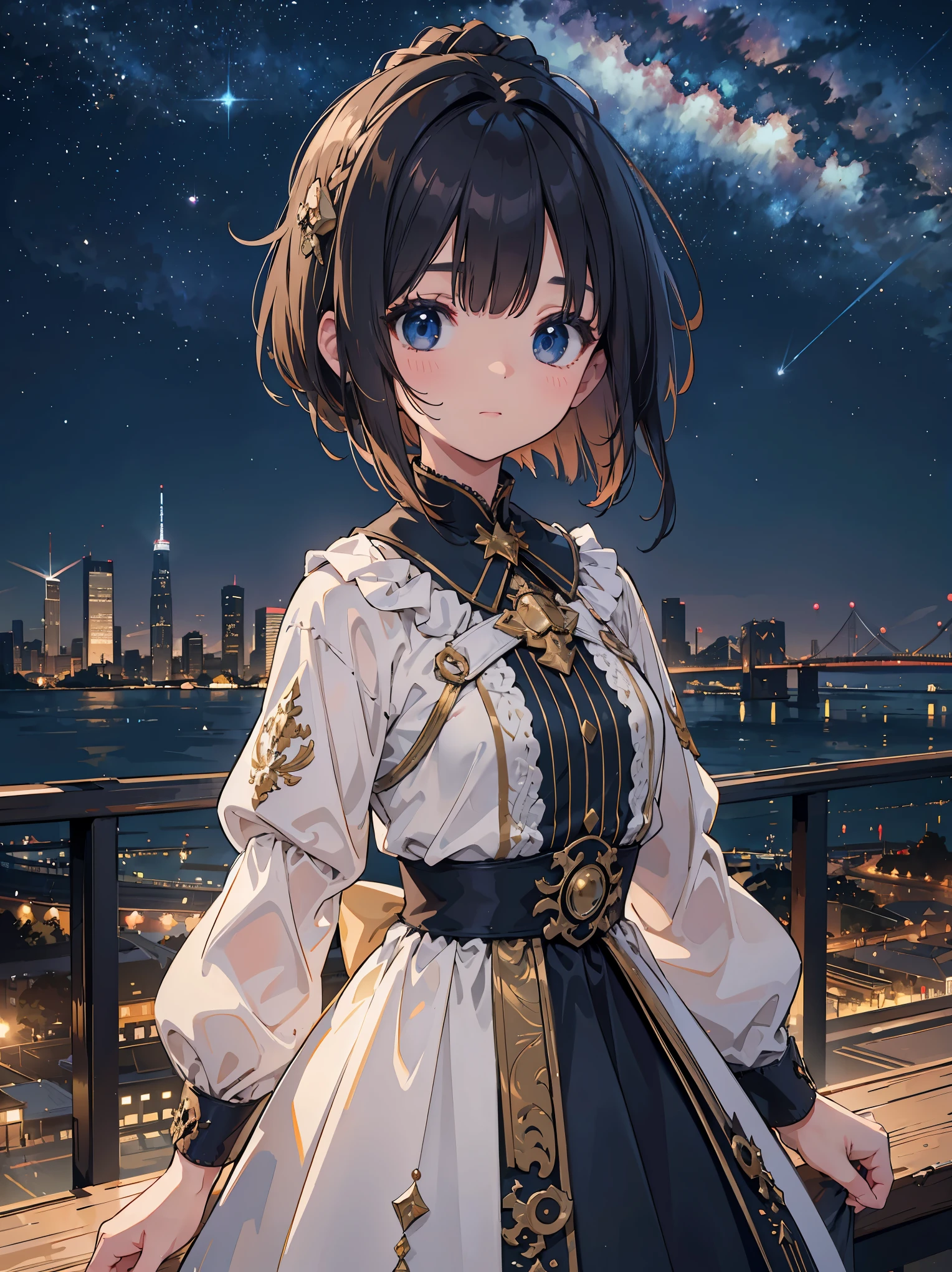(Masterpiece, highest quality, absolute resolution, hyper-realistic work, intricate, meticulous and detailed realistic materials and textures and light sources, perfect anatomy),
BREAK,

girl, see audience, one-length bob cut braided ponytail hair, impressionistic, vintage, "A young girl is a princess of the Milky Way, wearing a gorgeous western dress with cosmic elements and fanciful details, set in a future society with an advanced science backdrop of a starry sky. The scene combines. The background depicts spaceships capable of interstellar travel and advanced city skylines
"BREAK 
,
BREAK  , SF