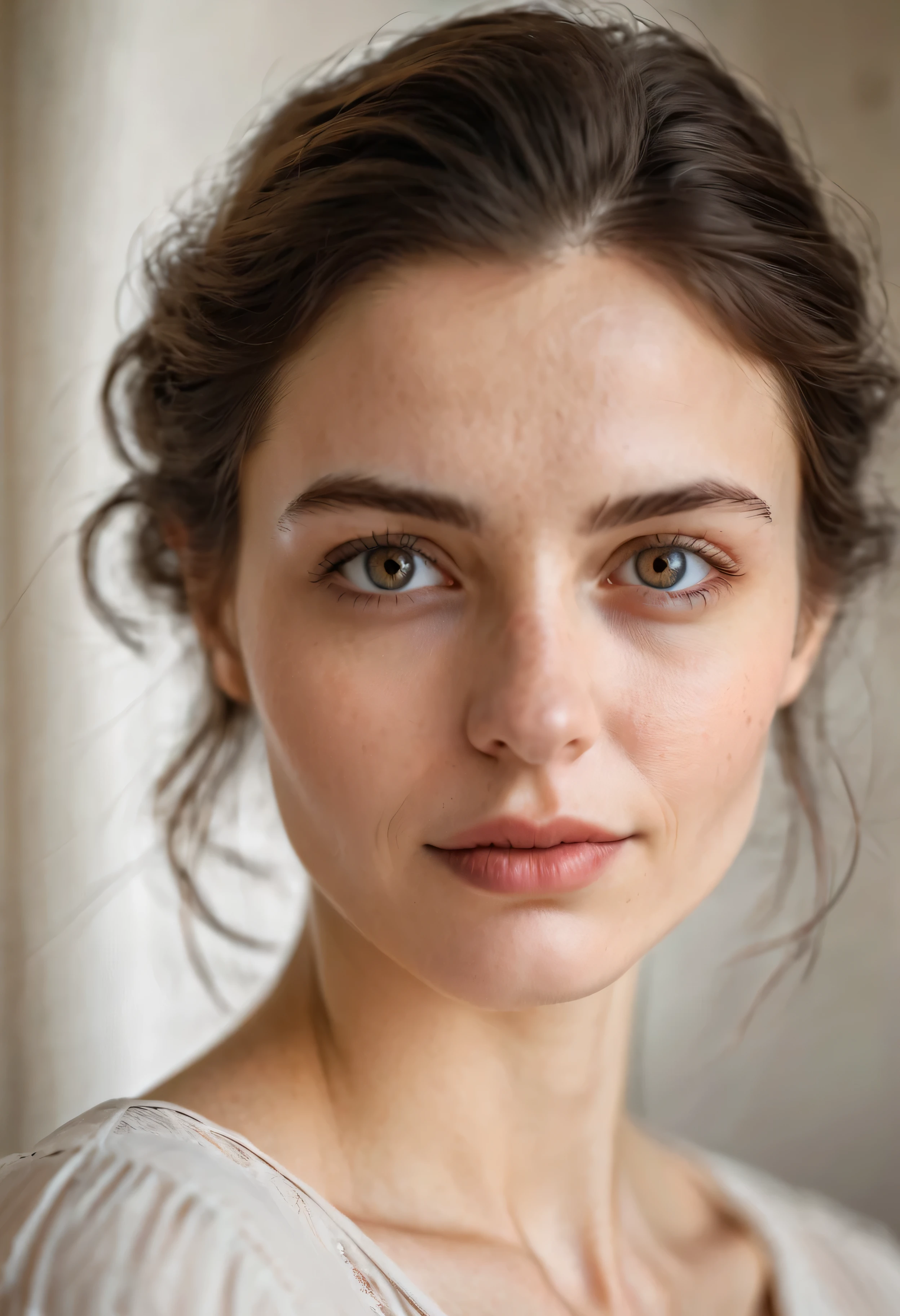 Portrait of a beautiful woman about 35 with a deep look, intelligent eyes and a barely noticeable mysterious smile. Face pale matte, graceful. Features are subtle, Aristocratic. gray eyes, slightly tired with characteristic wrinkles in the corners from frequent concentration and reading. Insightful look,lesiastical architecture, by redefining prestig