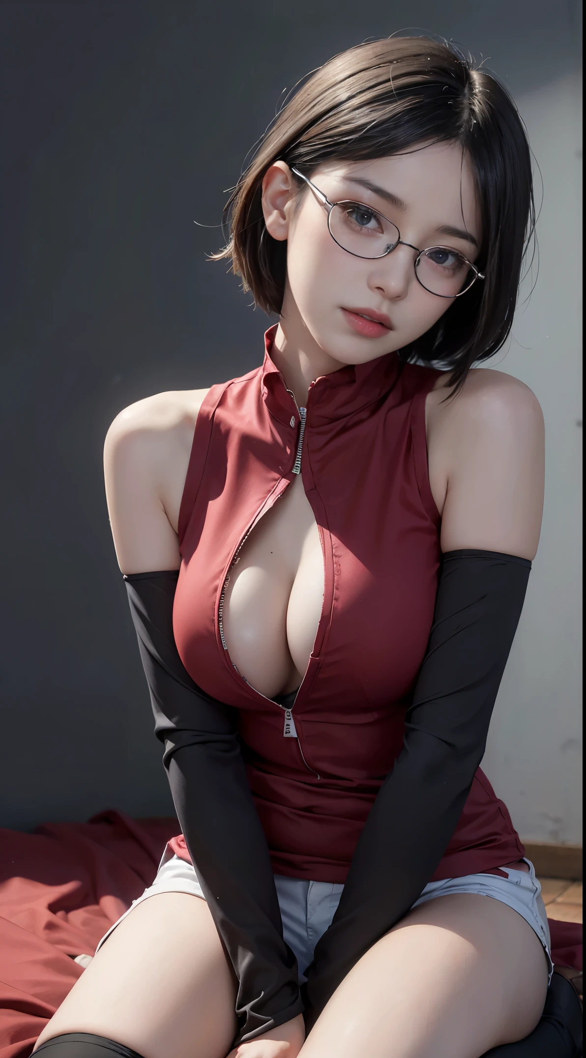 Masterpiece, (hd,8k), anime screenshots, 1 girl, solo, (big breasts: 1.2), black hair, short hair, black eyes, skinny, cowgirl shot, sit down, forehead protector, grin, (dress: 1.1), (white shorts: 0.8), black thighs, thigh holsters , arm warmers, bare shoulders, looking at the audience, outdoors, hips, red rimmed glasses, glasses, head tilted, hip curtains, facing the audience, hands on hips, zipper, shiny hair, (close up), red shirt:1.2 ,Young slim girl black hair short scar on the nose tomboy blue eyes shadow black lipstick erotica sexy clothes bare breasts. Straight prosthesis. Sexual organ. 独奏. The girl is one. teacher, eyeglasses, school gym ,4K delicate facial features, 18 year old girl, Uchiha Sarada, anime character transformed into a realistic character, with detailed, beautiful and cute face, red filtered eyes, black hair, short hairstyle, bangs sweeping to the left, wearing a ninja head tie from konoha , expression
thin sweet smile, thin cheeks, sharp chin, red glasses, tentom shirt design, livis shorts, perfect model, large/medium breasts, free style, high resolution, detailed illustrations, very realistic background, white glowing skin, very detailed face perfect