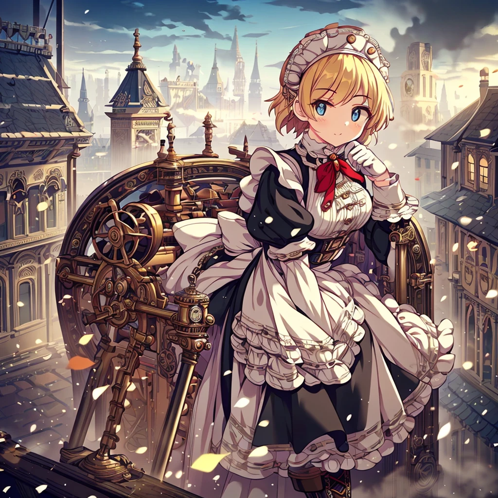 (masterpiece), best quality, expressive eyes, perfect face, ((perfect anatomy, best hands)), 1girl, (solo:1.5), a maid with a huge Winding Key at her back in steampunk style ((holding a machine)) standing on the top of stairroom, blond, gear,dial, boots, (white_apron:1.3),(maid headdress:1.3), black_dress,steampunk, gloves, belt puch, boots, suspenders, chain), (outdoors:1.5),London,street,(Victorian_era:1.5),(fog:1.5,steam:1),orange_sky,city view,(from_above:1.1),VictorianPunkAI
