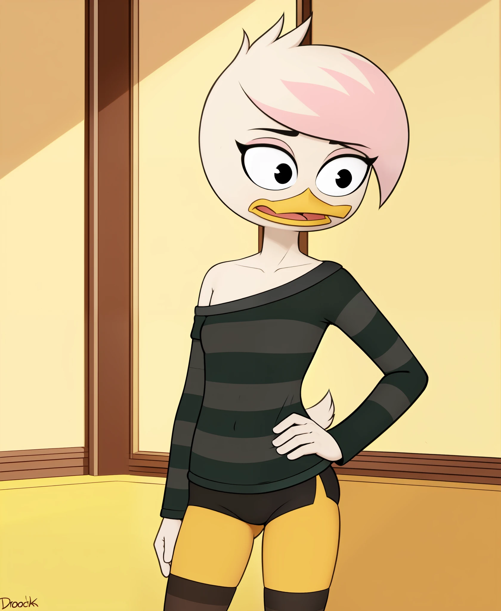 (by drockdraw:1.2) (by chelodoy:1) (by ashraely:1) lena sabrewing, white skin, white hair, pink highlights, long sleeves, striped shirt, teal dress shirt, orange legs:1.2, tsundere:1.3, black eyes, scut tail, ducktales, eyeliner, off shoulder, beak, short hair, standing, solo:1.2, duck, beak, black shorts, tight shorts, hand on hip, wide eyes, eyeliner, black eyes, off shoulder, short hair (mansion background, inside:1.2)