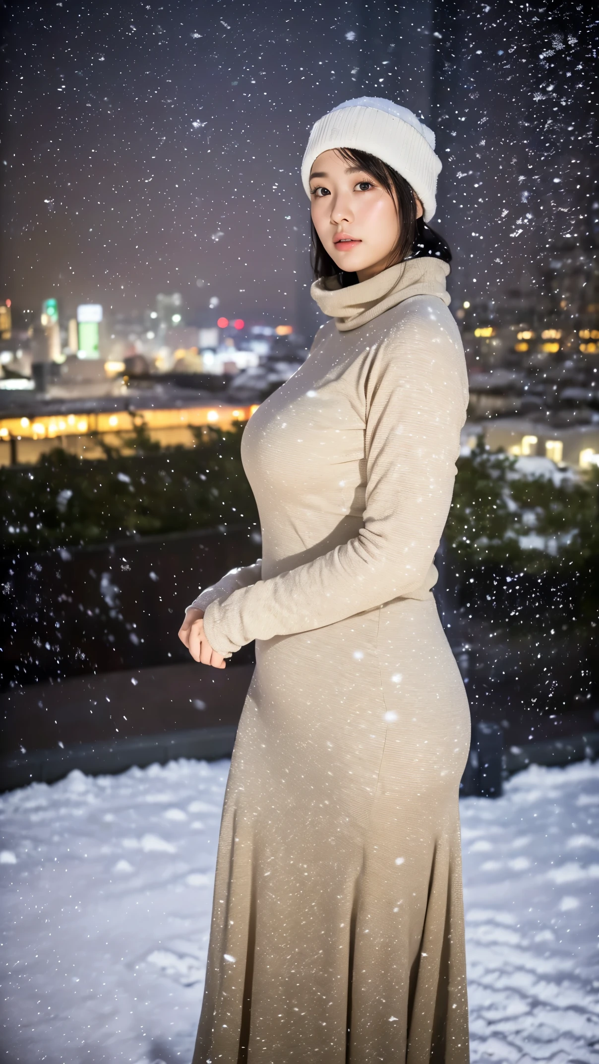 (masutepiece,High quality,16k:1.1),(depth of fields:1.3) ,((front body:1.35)),  Japanese ,young Girl,standard height, Beanie ,khaki Long Sleeve round neck T-shirt Maxi (((Tight))) Dress, huge breasts, thicc, curvy,(Looking at Viewer:1.3),(full body shot:1.2),snowy landscape,(It's snowing:1.3),(Beautiful night view of Tokyo town:1.2)