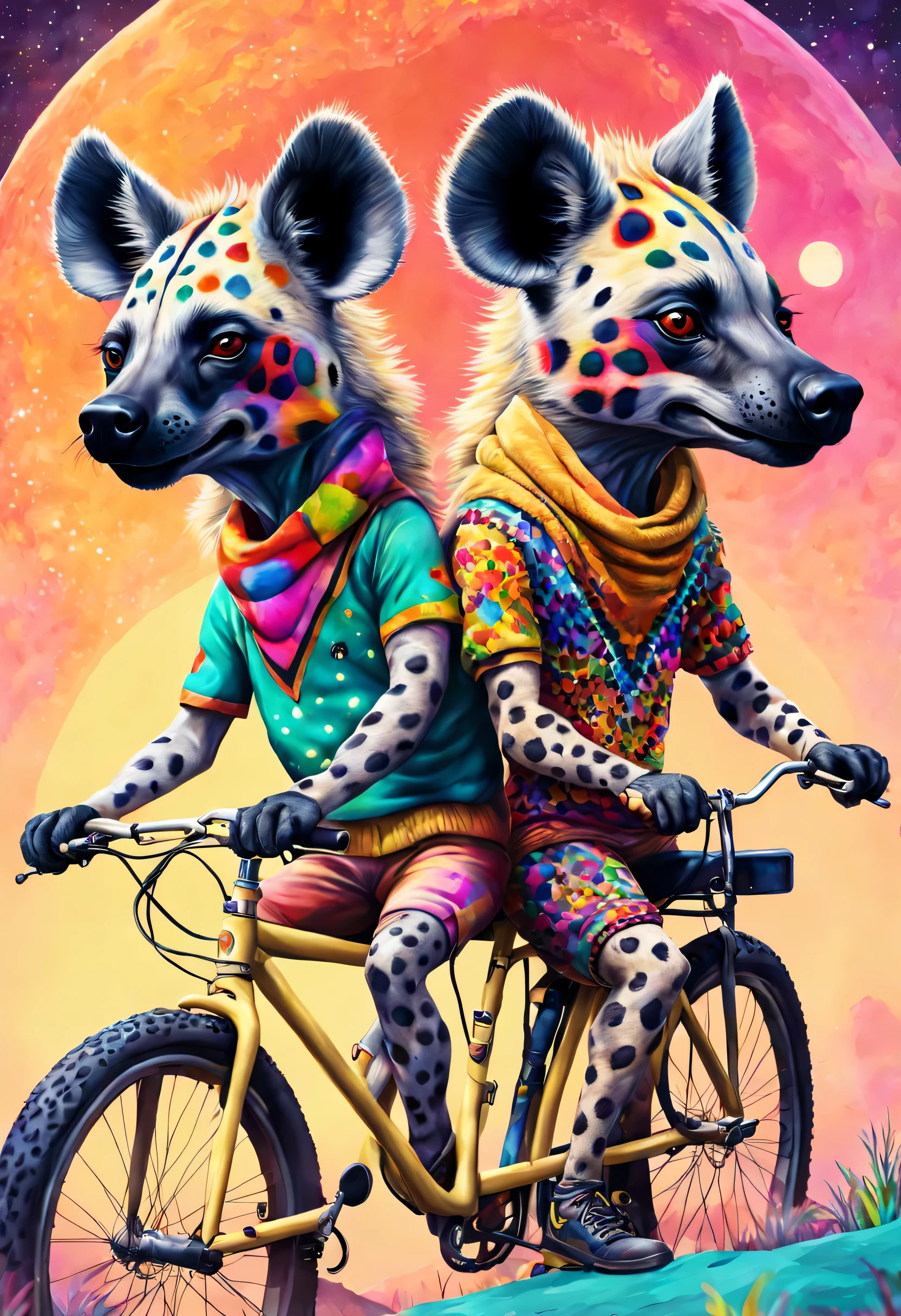 A realistic and detailed hyena couple with beautiful colorful and psychedelic detailed argyle skin. ride a bike on an unknown and mysterious planet
