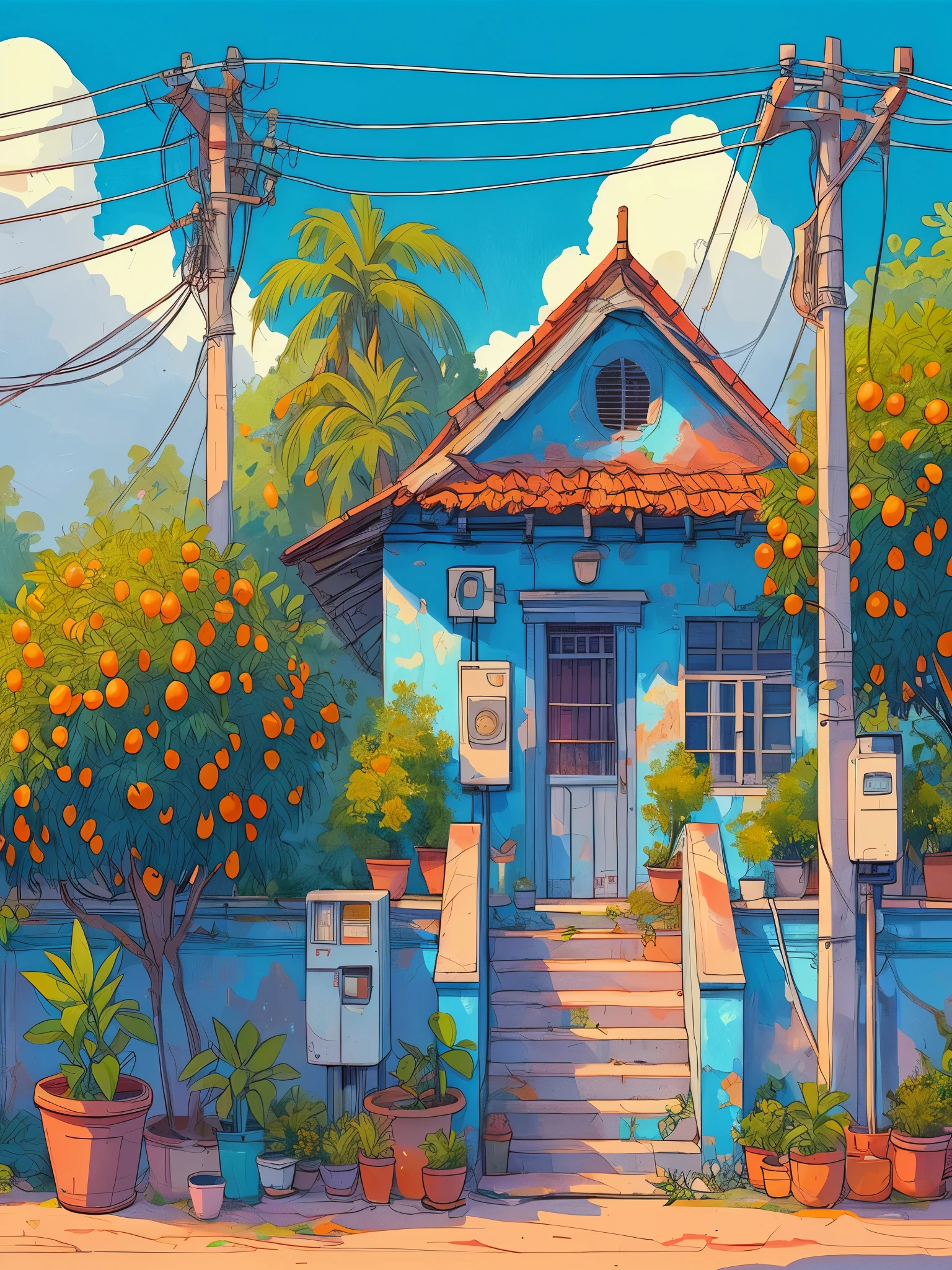 Draw an anime simple scene of an old broken blue indian home with orange trees outside, lush green long leaves plants in pots, stairs, wires and poles, electricity meter, lofi vibe, blue cloudy sky, beautiful color palette, vibrant color tones