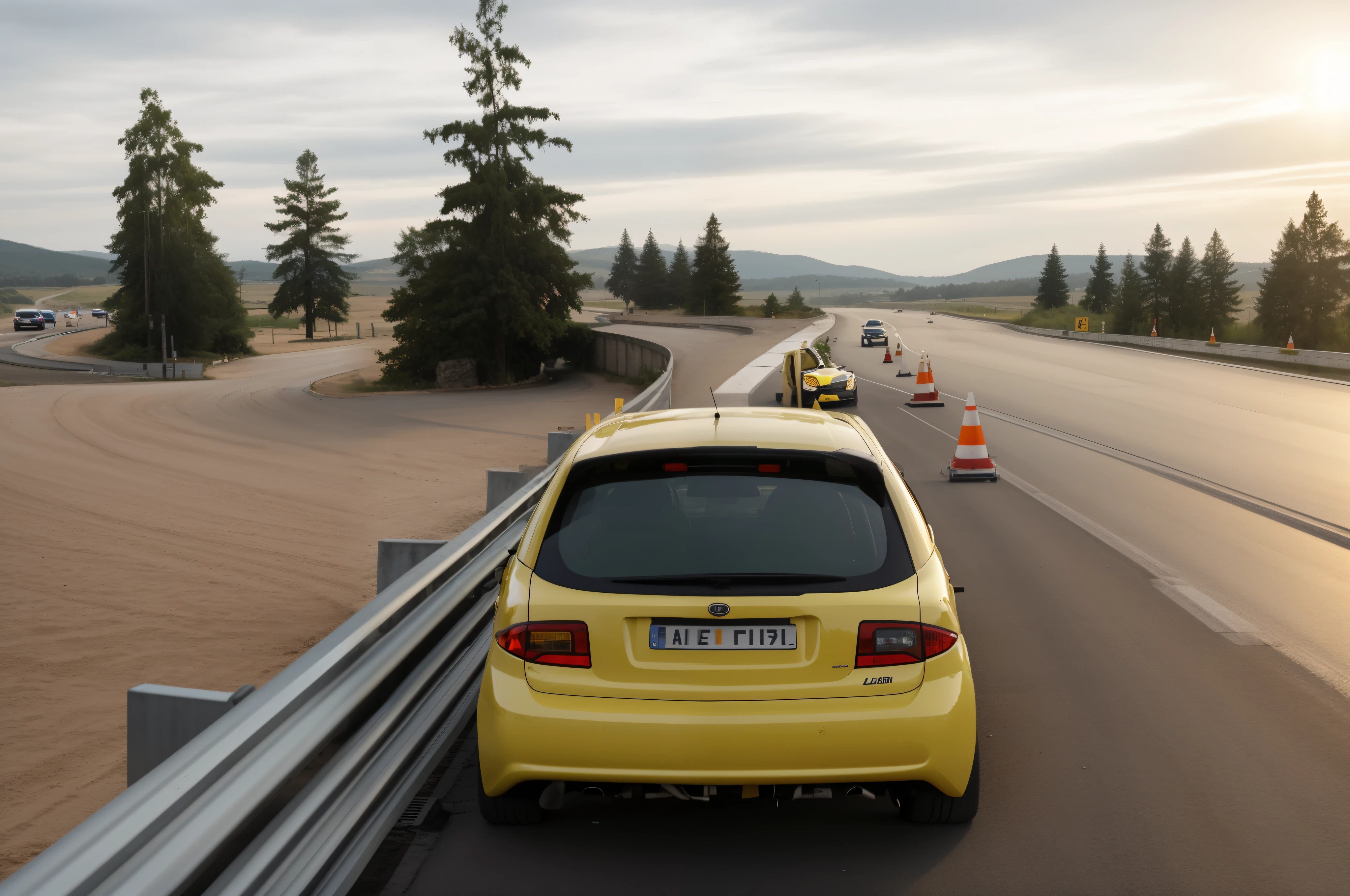 there is a yellow car driving down a road with cones, car adrift, rally dirigindo photo, salto de carro, carro de rali, salto de carroing, adrift, On-line, car crash test, carros realistas, corrida, adrift around a corner, Carro Lada, dirigindo, russian Carro Lada, dirigindo fast, incredible graphics, car traffic, dirigindo a car, Corrida louca girando, foto realista, ultra realista, altamente detalhado.