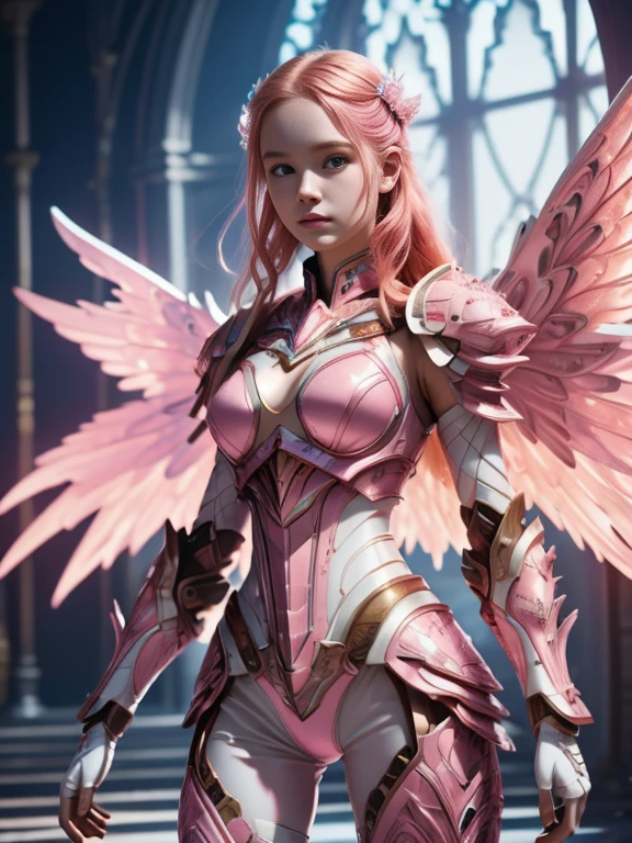 1 girl 19, solo, aesthetic artwork, irish pinkhead, long wavy ginger hair, grayeyes light, some small freckles on the face, pale skin, A-cup, medium breasts, slim body, runners body, (textured skin, skin pores:1,1), (moles:0,8), imperfect skin, (super mecha armor pink and white, intrincate detail, high detailed), (super huge mechanical pink and white wings), (extremely detailed 8K wallpaper),soft lighting, high quality, film grain, fujifilm XT3 sharp focus, f 5.6, 50mm, high detailed, sharp focus, complex details