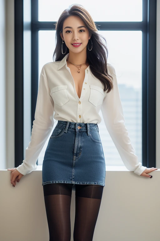 (best quality),(full body portrait),(slim and long legs),(spread legs:1.4),I can see your panties、delicate face, Pretty face,Slender,((Denim shirt、denim skirt))、cleavage、Offices on high floors、There are large windows、Detailed background、(((Black pantyhose))),adorable，smile，sitting pose，high heels、Tiffany's Necklace、Ring-shaped earrings、anklet
