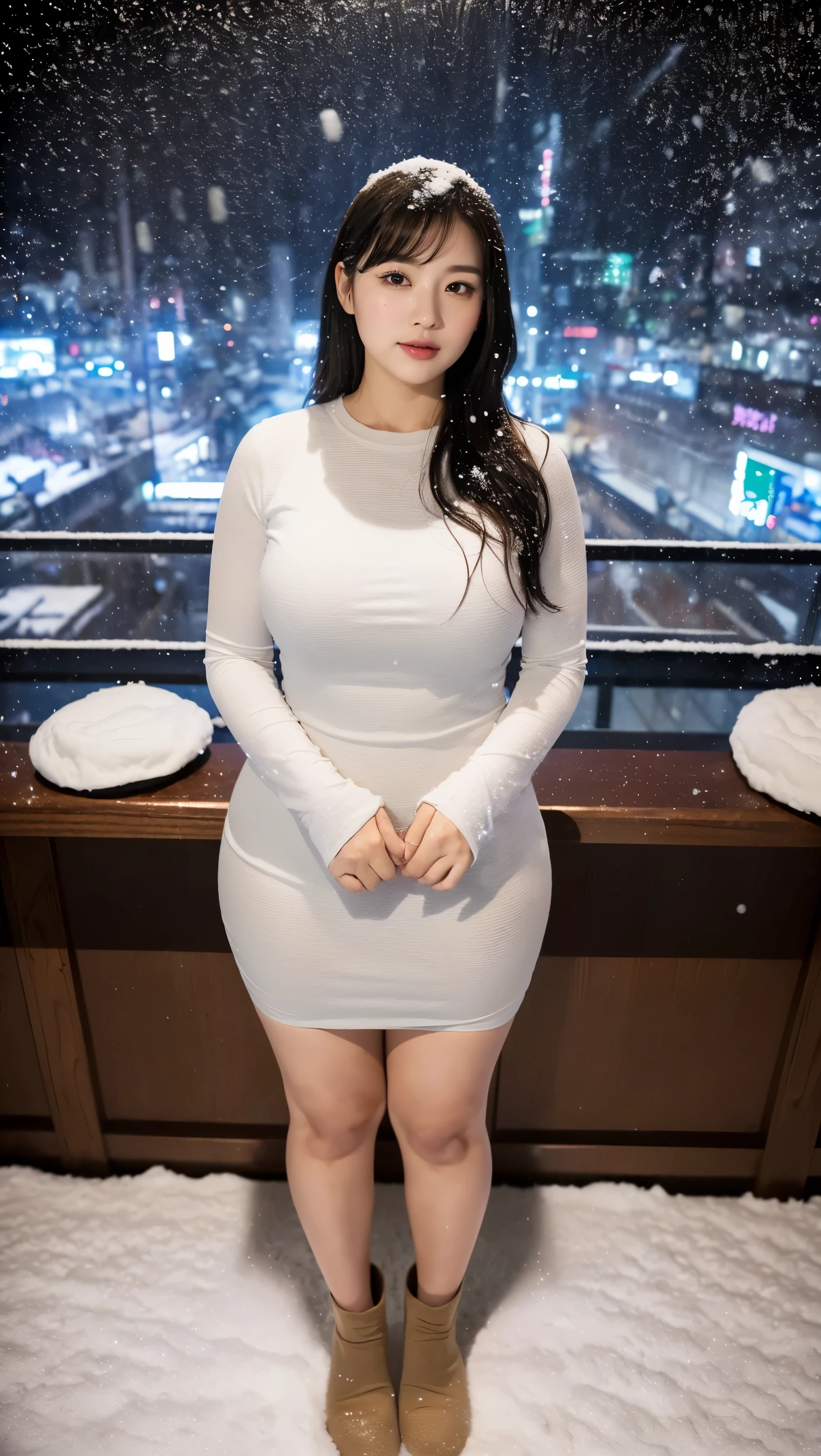 (masutepiece,High quality,16k:1.1),(depth of fields:1.3) ,((front body:1.35)), Japanese ,young Girl,standard height ,khaki Long Sleeve round neck T-shirt Maxi (((Tight))) Dress, huge breasts, thicc, curvy,(Looking at Viewer:1.3),(full body shot:1.2),snowy landscape,(It's snowing:1.3),(Beautiful night view of Tokyo town:1.2)
