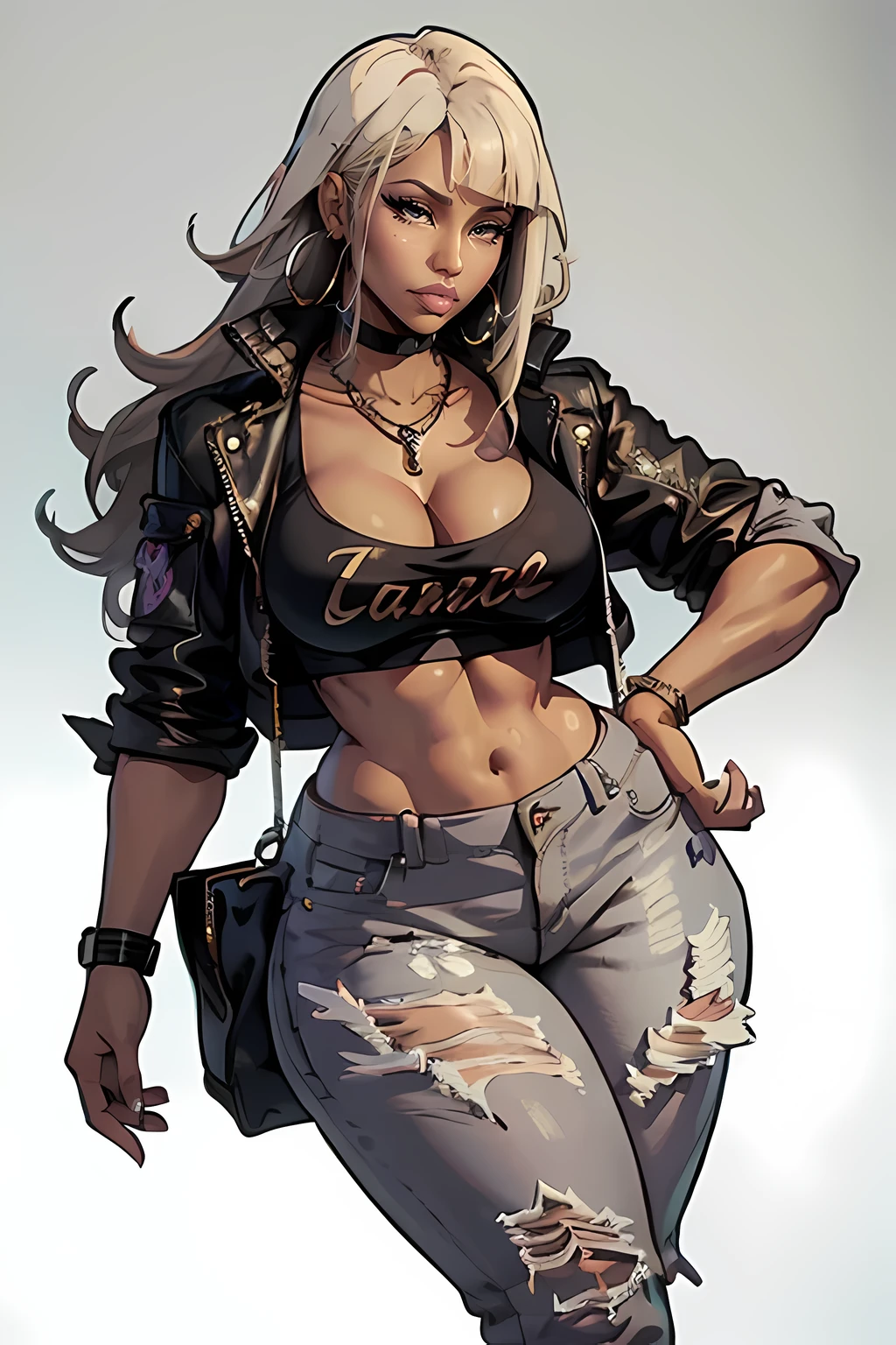 (masterpiece), (best quality), ((Nicki Minaj)), makeup, (brown skinned female), ((small breasts:1:1)), ((chubby)), hair with bangs, bomber jacket, t-shirt, ripped jeans, jewelry, necklace, ripped jeans, deep cleavage, fashion ((grey background)), contoured