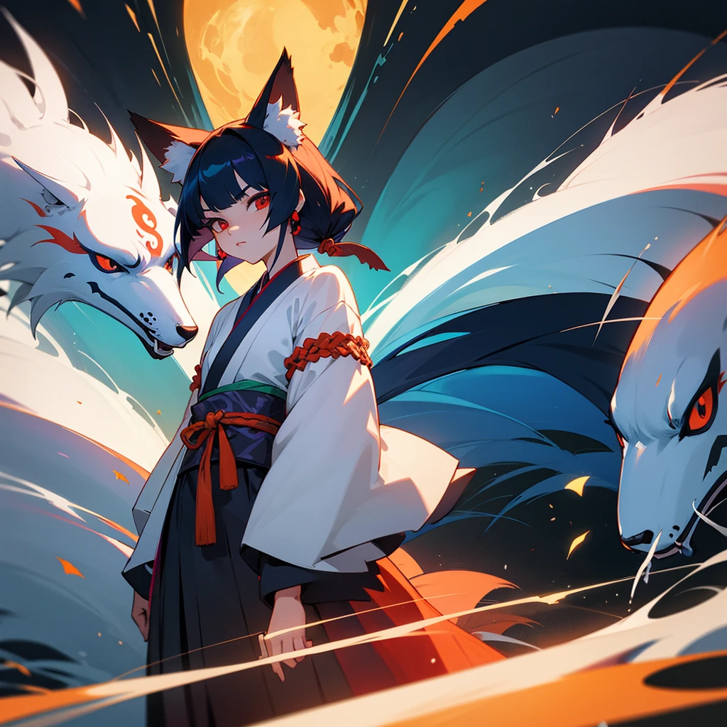 Chica con kitsune con ojos azules con katana con dos zorras de 9 colas en el fondo vestimenta kimono floreado cabello negro bonita piel blanca con orejas y cola de 9 colas anime