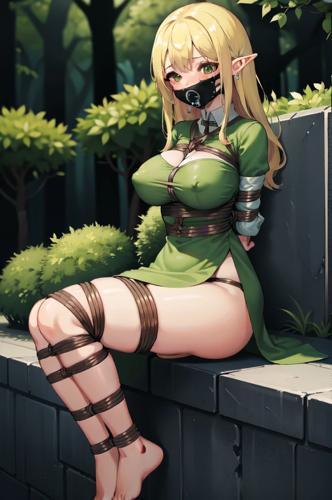 1woman, adult woman, (milf), full body picture, sitting on her feets, under a tree, bright-green eyes, long hair, curly hair, blonde, busty, massive breasts, pointed nipples, massive ass, muscolar legs, hourglass body, gag, plug gag, lying,bdsm,bound,shibari,shibari over clothes, bound legs, bound torso,r estrained, arms at side, arms behind back,(((rope))), elf dress, green dress, white top, elegant dress, tight corset, underwear showing, very sad, crying, mad with the viewer, talking at the viewer, forest background, looking at the viewer, barefoot,