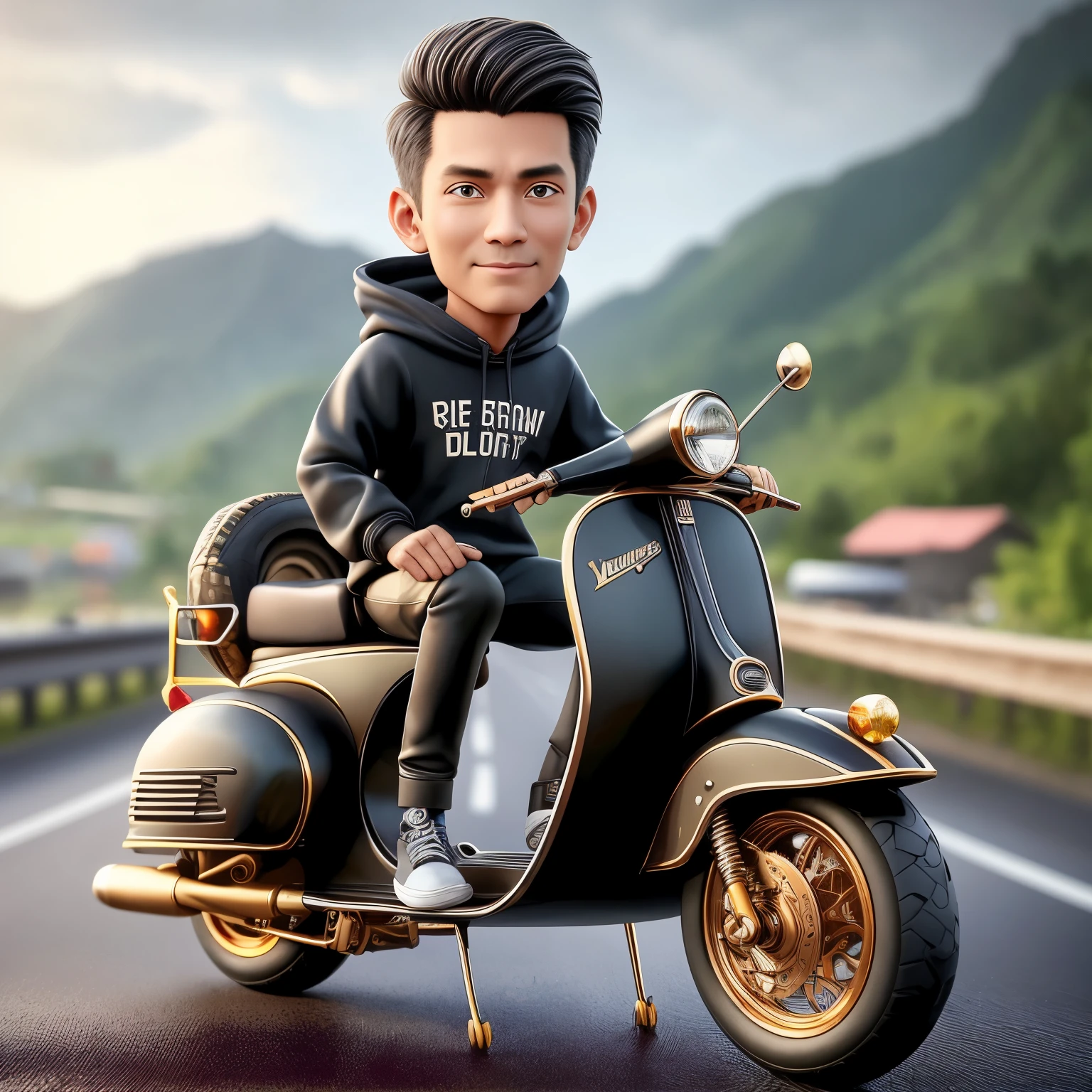 An ardent man rides a scooter on a bustling highway, surrounded by towering mountains in the backdrop. Inspired by the artistic flair of Rudy Siswanto, this illustration is rendered in a realistic 3D style, bringing out the smooth textures and intricacies of the scene. The cartoon artstyle adds a touch of whimsy, while the realism artstyle ensures that every detail is accurately depicted, from the man's determined expression to the windswept hair on his head. The photorealistic!!!!!!! art style illuminates every crevice and curve, making the illustration come alive with vibrant colors and lifelike details. Created by