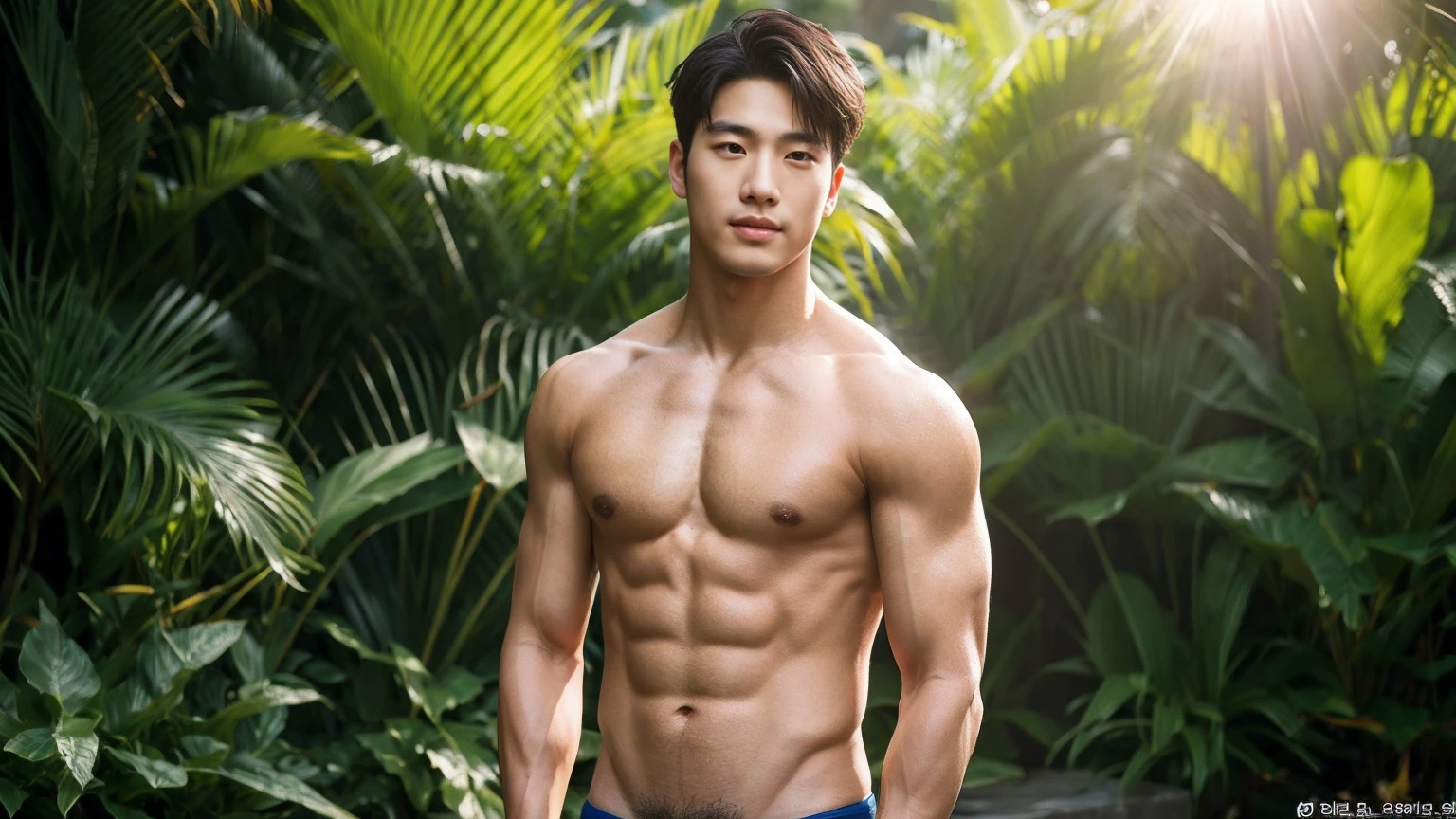 In the captivating image lies a Korean handsome guy, radiating charisma as he proudly showcases his slightly muscular build in a full-bodied stand-up pose. Wearing a y bikini that accentuates his physique, he stands amidst the outdoor environment, bathed in the golden light of a beautiful day.
With an unrivaled attention to detail, this photorealistic portrait embodies the National Geographic style, capturing every nuance of his textured skin in 8k resolution. His features emerge in pristine clarity, from the deep-set eyes to the chiseled jawline, making this image a true masterpiece.
The lif