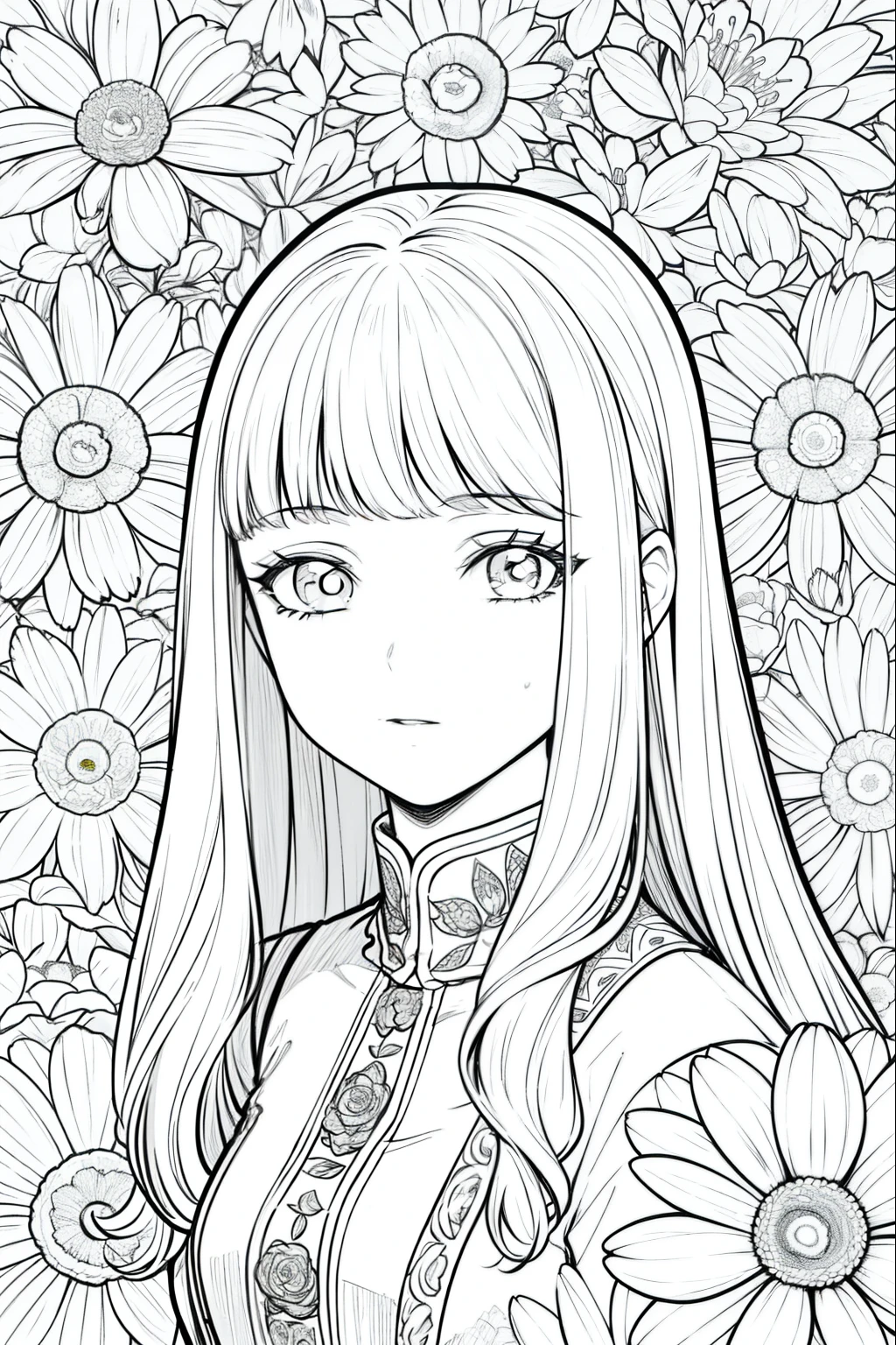 best quality, high resolution, detailed background, high contrast, 1 girl, close-up of the head, floral background, clean line drawings, vibrant colors