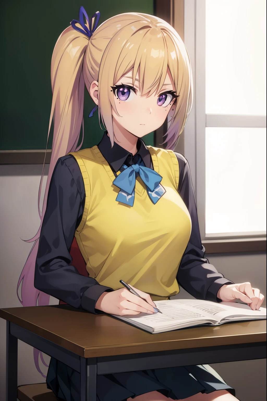 maikawakami, mai kawakami, blonde hair, hair ribbon, long hair, mole, mole under eye, ribbon, side ponytail, (purple eyes:1.2),
BREAK school uniform, skirt, vest, yellow vest,
BREAK indoors, classroom,
BREAK looking at viewer,
BREAK (masterpiece:1.2), best quality, high resolution, unity 8k wallpaper, (illustration:0.8), (beautiful detailed eyes:1.6), extremely detailed face, perfect lighting, extremely detailed CG, (perfect hands, perfect anatomy),