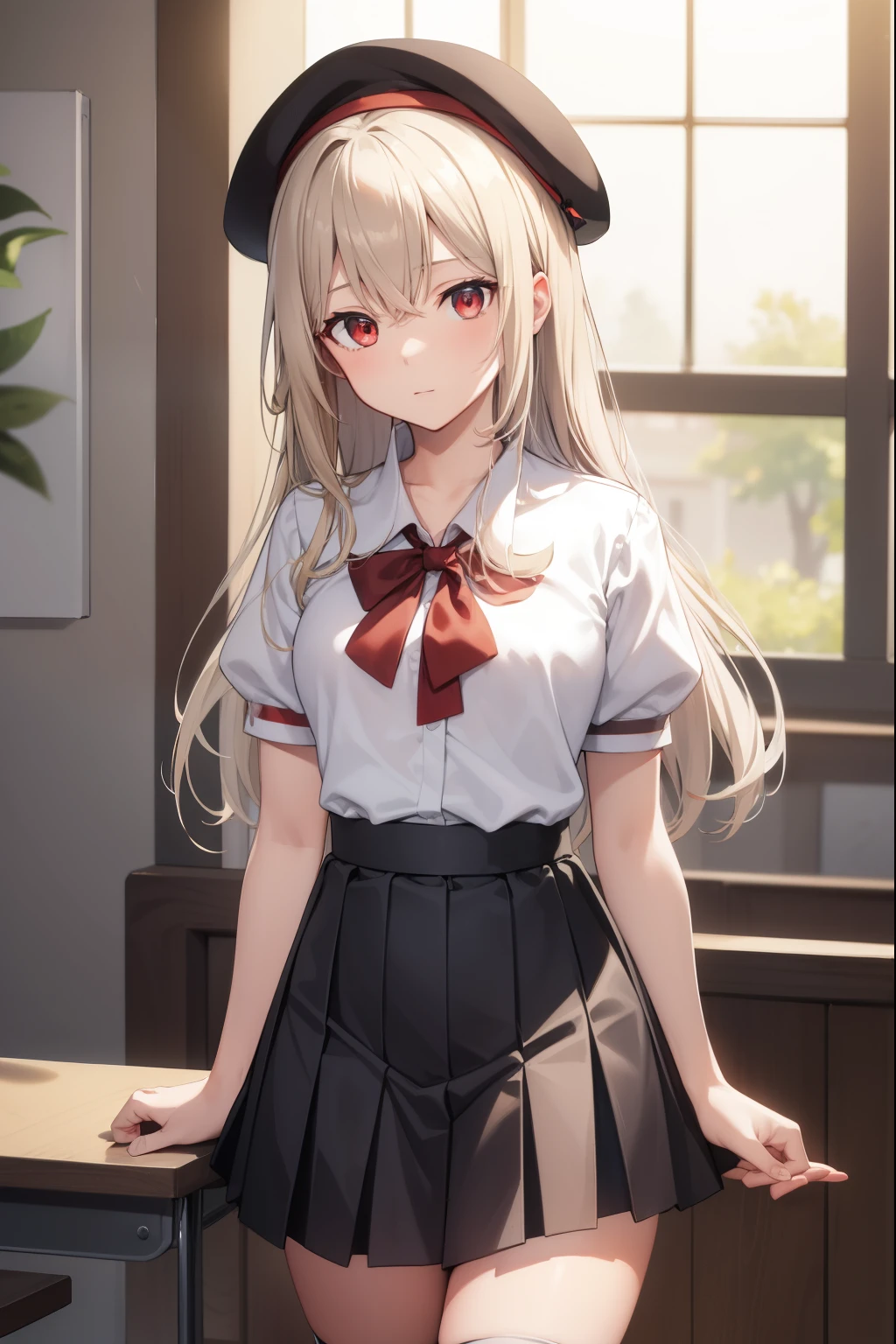 illyasvielvoneinzbern, illyasviel von einzbern, blonde hair, hair between eyes, long hair, (red eyes:1.5),
BREAK beret, black skirt, brown footwear, collared shirt, hat, homurahara academy school uniform, kneehighs, loafers, pleated skirt, puffy short sleeves, puffy sleeves, red ribbon, ribbon, school uniform, shirt, shoes, short sleeves, skirt, socks, white headwear, (white shirt:1.5), white socks,
BREAK indoors, classroom,
BREAK looking at viewer, (cowboy shot:1.5),
BREAK (masterpiece:1.2), best quality, high resolution, unity 8k wallpaper, (illustration:0.8), (beautiful detailed eyes:1.6), extremely detailed face, perfect lighting, extremely detailed CG, (perfect hands, perfect anatomy),