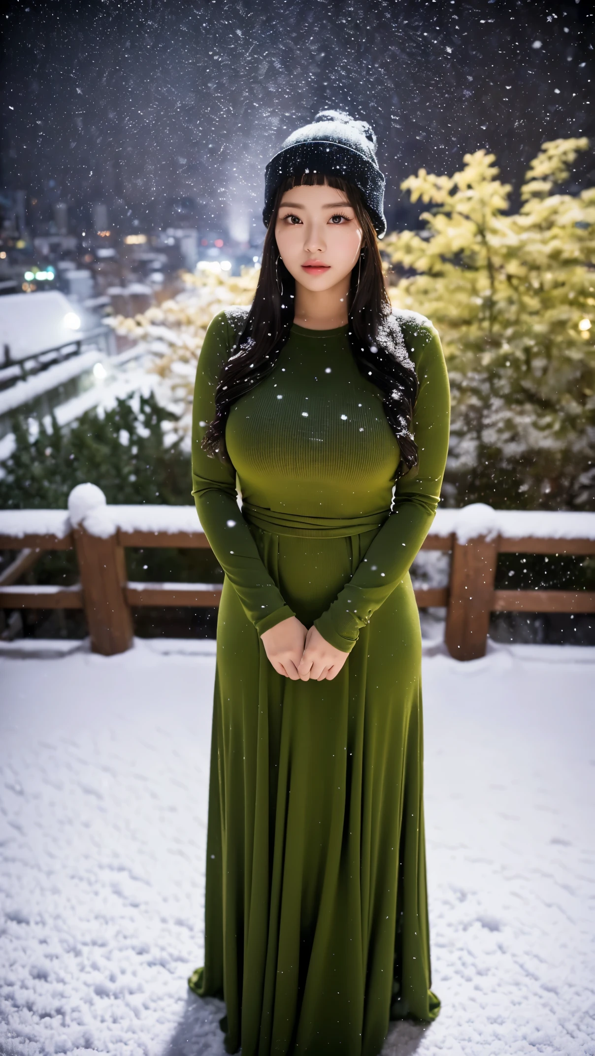 (masutepiece,High quality,16k:1.1),(depth of fields:1.3) ,((front body:1.35)),  Japanese ,young Girl,standard height, Beanie ,khaki Long Sleeve round neck T-shirt Maxi (((Tight))) Dress, huge breasts, thicc, curvy,(Looking at Viewer:1.3),(full body shot:1.2),snowy landscape,(It's snowing:1.3),(Beautiful night view of Tokyo town:1.2)