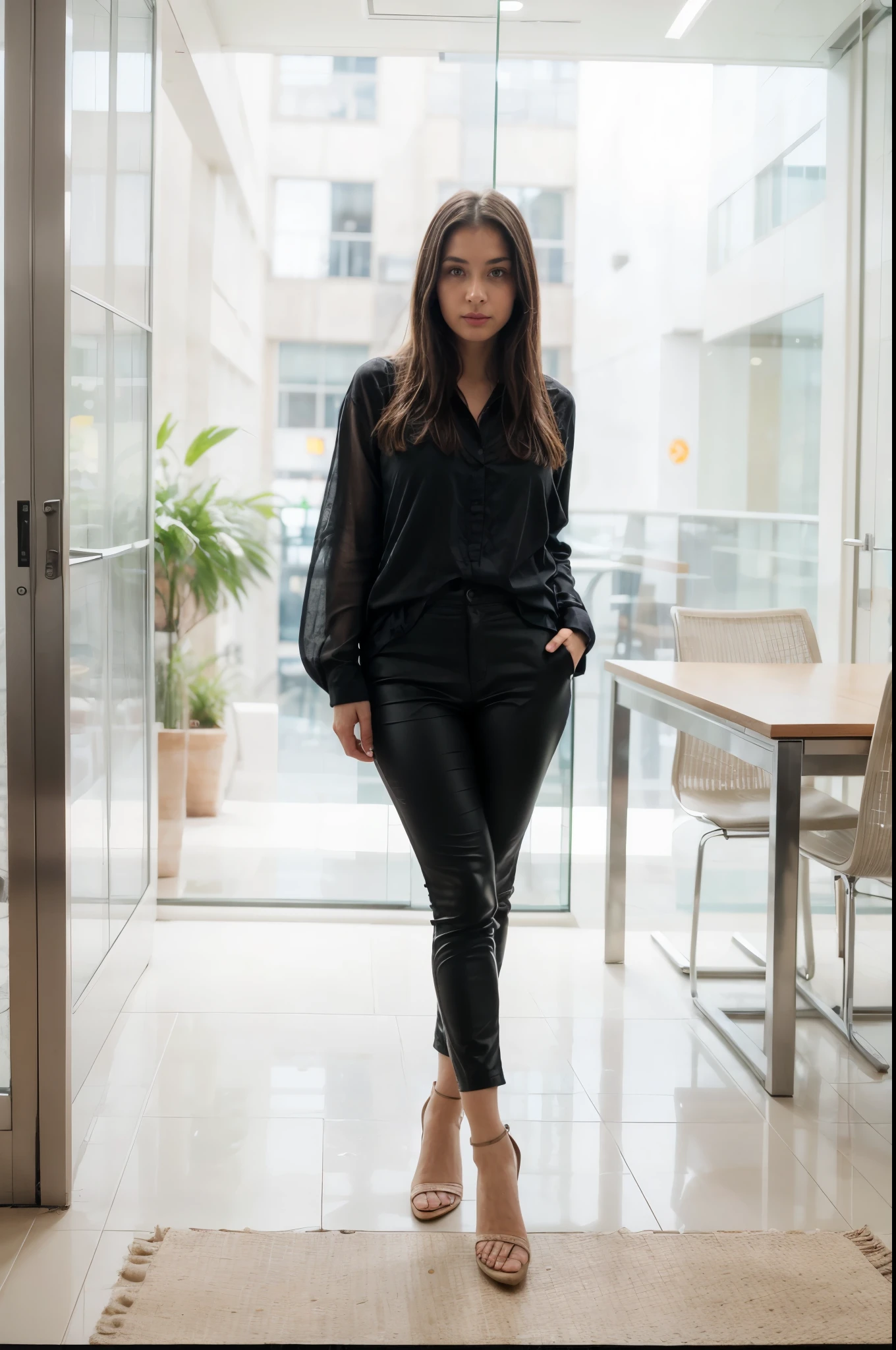 a photo of a beautiful woman, 30 years old, long beautiful hairs, dark brown hair, dark brown eyes, in a conference room,, full body, wearing white blouse with rolled up sleeves, wearing tight BLACK chino pants, the table is in the foreground, her legs are visible, the view is from 45 degrees from the side from the front, looking in the camera, red lipstic, natural light coomming from a window, there is a wann behind her, backgorund blurred, cinematic lighting, motion blur, film grain, very detailed, 30 years, dark brown eyes, high-res, masterpiece, best quality, intricate details, highly detailed, sharp focus, detailed skin, realistic skin texture, texture, detailed eyes, professional, 4k, 85mm, shallow depth of field, perfect fit body, extremely detailed, photo_\(ultra\), photorealistic, realistic, post-processing, maximum detail, roughness, real life, ultra realistic, photorealism, photography, 8k uhd, photography (grain of film) medium shot for closeup shot, longer slimer face, perfect face, HANDS ARE HIDDEN, natural legs, wearing tights, natural arms, middle size breast, charming deep eyes, flirty look. hands are hidden