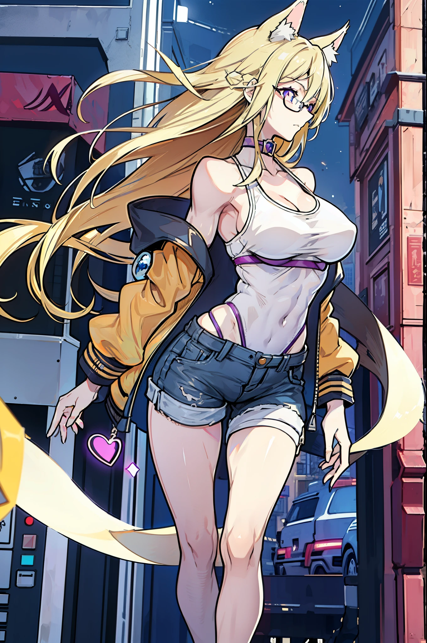 {{best quality}}, {{masterpiece}}, {{ultra-detailed}}, {illustration}, {detailed light}, {an extremely delicate and beautiful}, a girl, {beautiful detailed eyes}, purple eyes, blonde hair, stars in the eyes, messy floating hair, colored purple inner hair, Starry sky adorns hair, depth of field, beautiful, skinny, thin, long legs, cute legs, muscles, perfect body, perfect hands, glasses, sexy, (((purple eyes))), fox ears, fox tail, animal ears, muscles, hourglass_figure, Brown airforce jacket, short jeans, short shorts, full body, full_body, (((glasses))), white bikini, sandals, brown jacket, very skinny girl, skinny girl, beefcake, standing, walking down the steet, high heels, tall girl, 21 years old, anime, super model, wind blowing through her messy blonde hair. open shirt, big breasts, big boobs, underboob, cleavage, brown jacket, photoshoot, night, (blonde long hair), (((blonde hair))), (((muscles))),