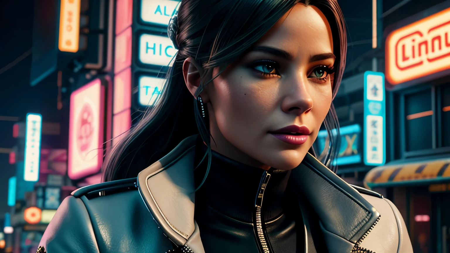 close-up portrait of Sofia Vergara, detailed character concept art, inspired by Magali Villeneuve, realistic, fantasy character portrait, cyberpunk, Unreal Engine 5, RPG style, trending on ArtStation, CGSociety quality, bokeh background, soft focus, 35mm lens, leather jacket, intricate leather texture, cyberpunk outfit, confident gaze, Alexandra Fomina's art style, ((masterfully crafted cyberpunk clothes, expressive eyes, strong posture), professional photograph, dynamic pose, high fidelity textures), cinematic lighting, eye catching colors, volumetric neon lightning, vivid neon lights, vivid colors, close Eye-Level Shot, HD, high fidelity fx, octane render, nintendo artwork