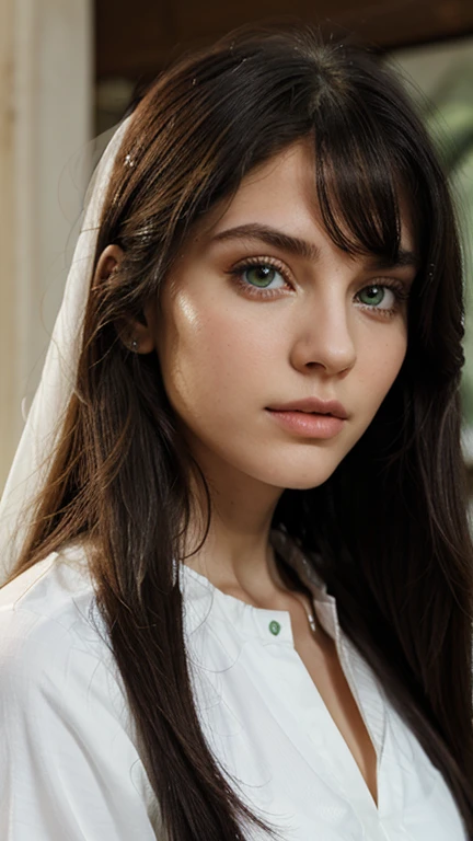 Beautiful arabe white model with angelic face and big green eyes and black long hair