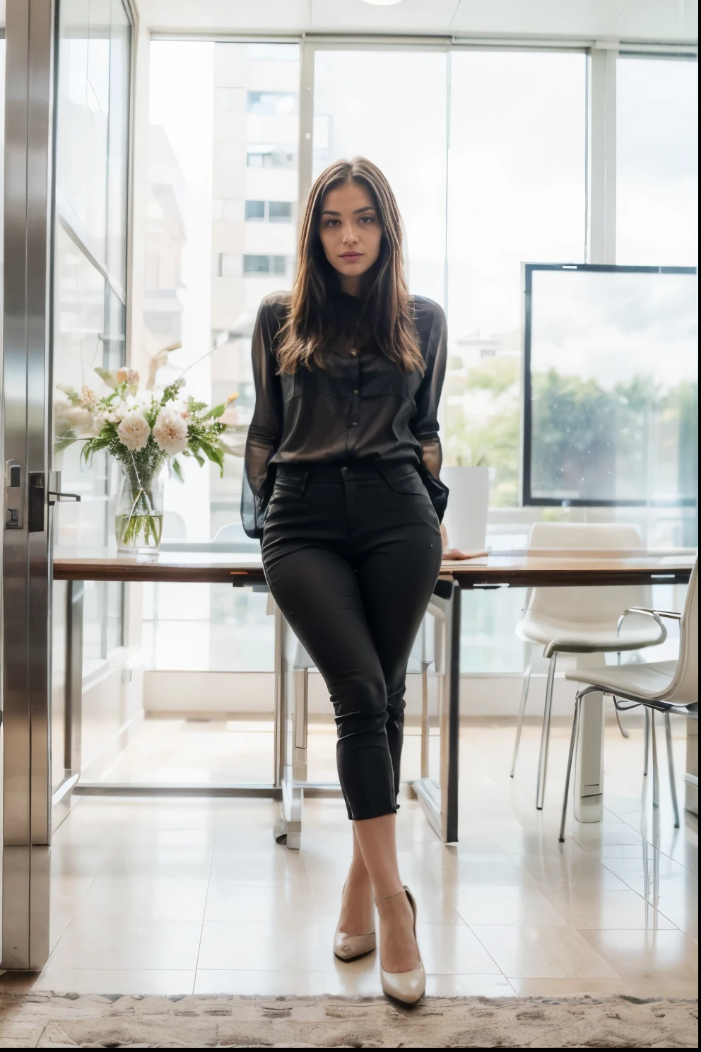 a photo of a beautiful woman, 30 years old, long beautiful hairs, dark brown hair, dark brown eyes, in a conference room,, full body, wearing white blouse with rolled up sleeves, wearing tight BLACK chino pants, the table is in the foreground, her legs are visible, the view is from 45 degrees from the side from the front, looking in the camera, red lipstic, natural light coomming from a window, there is a wann behind her, backgorund blurred, cinematic lighting, motion blur, film grain, very detailed, 30 years, dark brown eyes, high-res, masterpiece, best quality, intricate details, highly detailed, sharp focus, detailed skin, realistic skin texture, texture, detailed eyes, professional, 4k, 85mm, shallow depth of field, perfect fit body, extremely detailed, photo_\(ultra\), photorealistic, realistic, post-processing, maximum detail, roughness, real life, ultra realistic, photorealism, photography, 8k uhd, photography (grain of film) medium shot for closeup shot, longer slimer face, perfect face, HANDS ARE HIDDEN, natural legs, wearing tights, natural arms, middle size breast, charming deep eyes, flirty look. hands are hidden