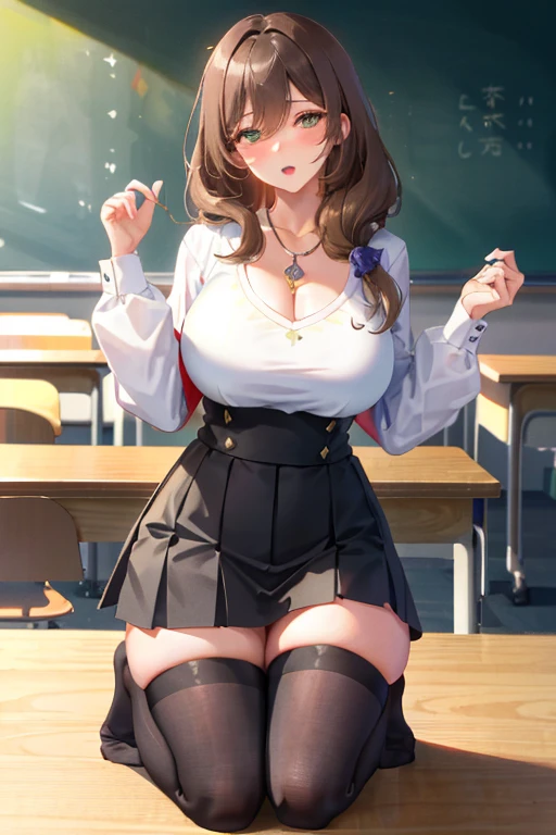 Lisa, genshin impact, 1 girl, alone, ((white shirt)), black Thighhighs, huge breasts, cleavage, uniform, office background, black skirt, pleated skirt, office, hair between eyes, messy hair, large chest, long hair, looking at the viewer, brown hair, red short nails, green eyes, alone, Thighhighs, thighs, very long hair, ((masterpiece)), classroom, machine, Chair, board, class board, Teaching, blush, adult woman, Ecchi Woman, open your mouth, close one eye, please put your hands on your knees, (kneeling pose),