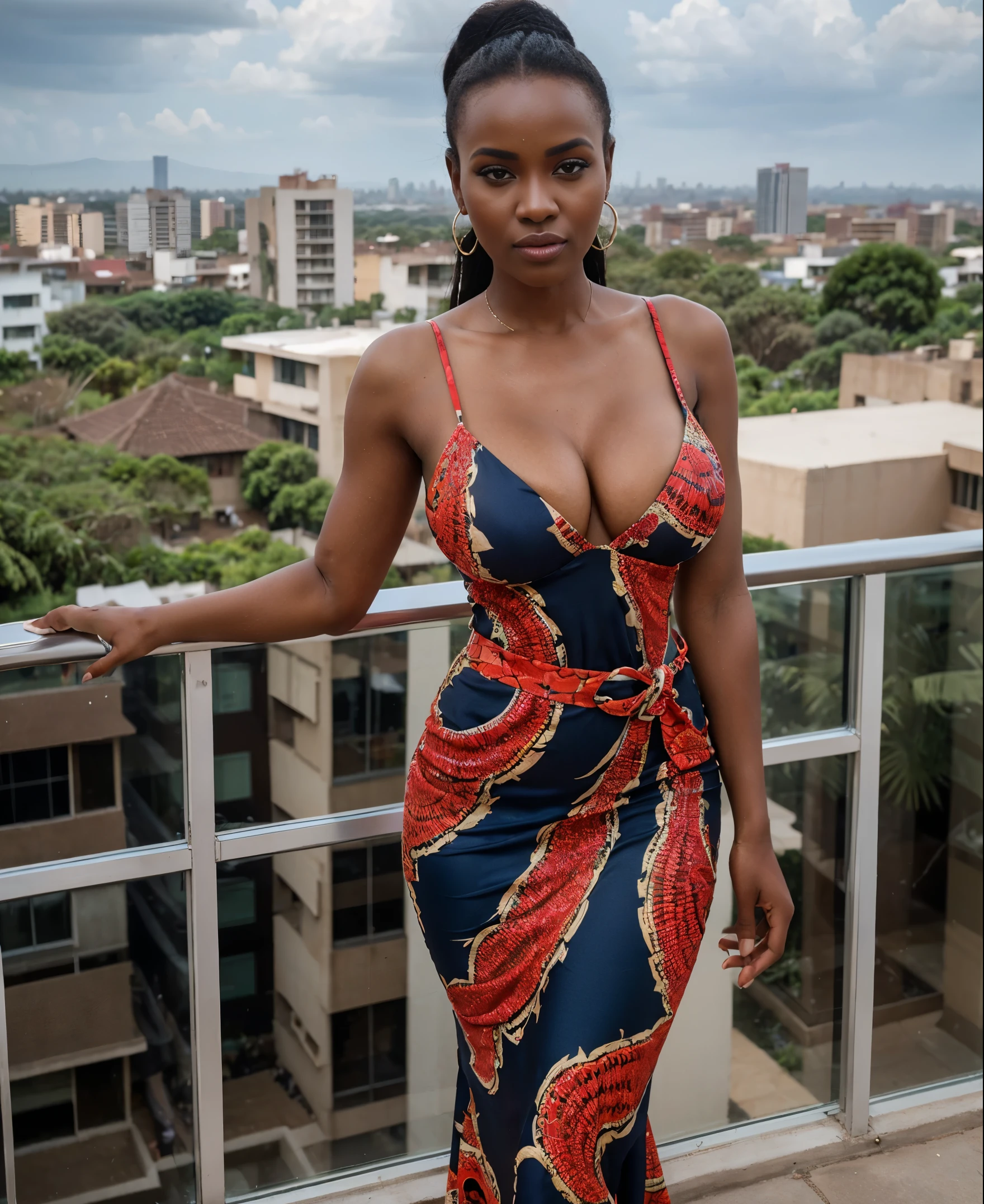 Imagine an alluring image of a Kenyan influencer, gracefully wearing an Ankara print mermaid gown, standing against the backdrop of Nairobi's skyline from the viewpoint of the Ngong Hills, blending modern fashion with African tradition. Slim fit body. F-Cup. Big tits. Different poses. Cleavage. Perfect make-up. Perfect face. Sexy.