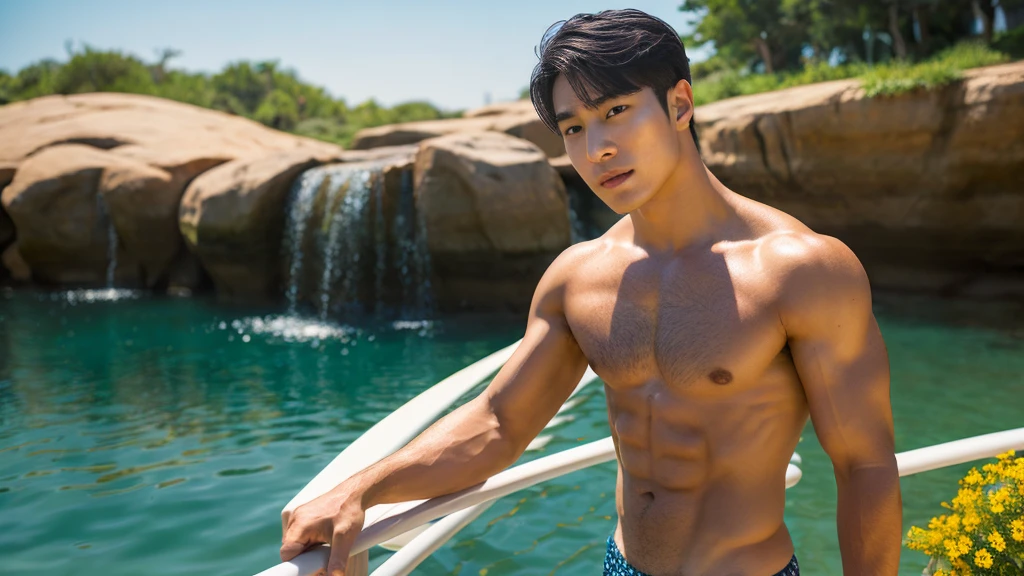 In the captivating image lies a Korean handsome guy, radiating charisma as he proudly showcases his slightly muscular build in a full-bodied stand-up pose. Wearing a sexy bikini that accentuates his physique, he stands amidst the outdoor environment, bathed in the golden light of a beautiful day. With an unrivaled attention to detail, this photorealistic portrait embodies the National Geographic style, capturing every nuance of his textured skin in 8k resolution. His features emerge in pristine clarity, from the deep-set eyes to the chiseled jawline, making this image a true masterpiece. The lif