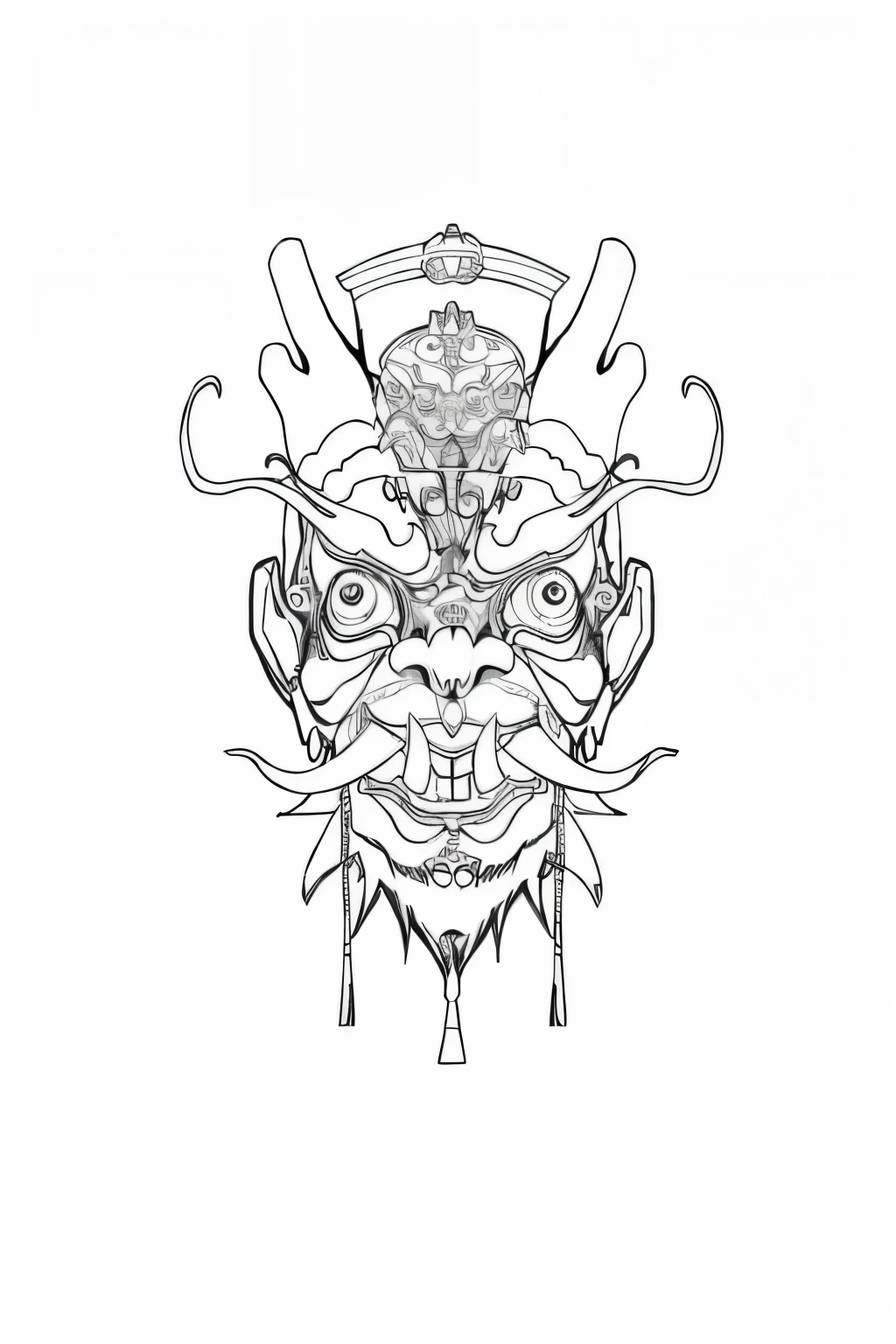 A picture of a mask with a big face and a big nose, demon samurai mask, line art illustration, ghost mask, samurai mask, line art, Asura in Chinese mythology, Tengu mask, vector line art, intense line art, Inspired by Dongzhou Zai Sharaku, Samurai with devil mask, Inspired by Kaiyuedo Andi,Audio