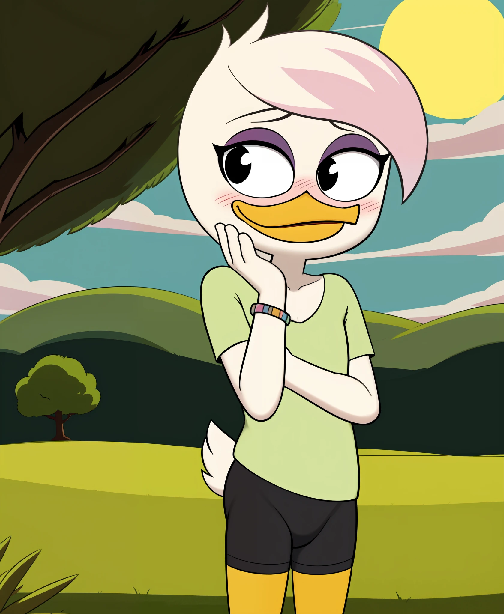 (by drockdraw) (by kyurisawa:1.2) (by chelodoy:1) (by ashraely:1) lena sabrewing, white skin, white hair, pink highlights, light green shirt, bracelet, orange legs:1.2, black eyes, scut tail, ducktales, short hair, standing, solo:1.2, duck, beak, black shorts, tight shorts, hand on chin, eyeliner, purple eyeshadow, bra strap, three-quarter portrait, (outside, tree, sun, grass:1.2) looking aside, short, (embarrassed, blush, smile) 