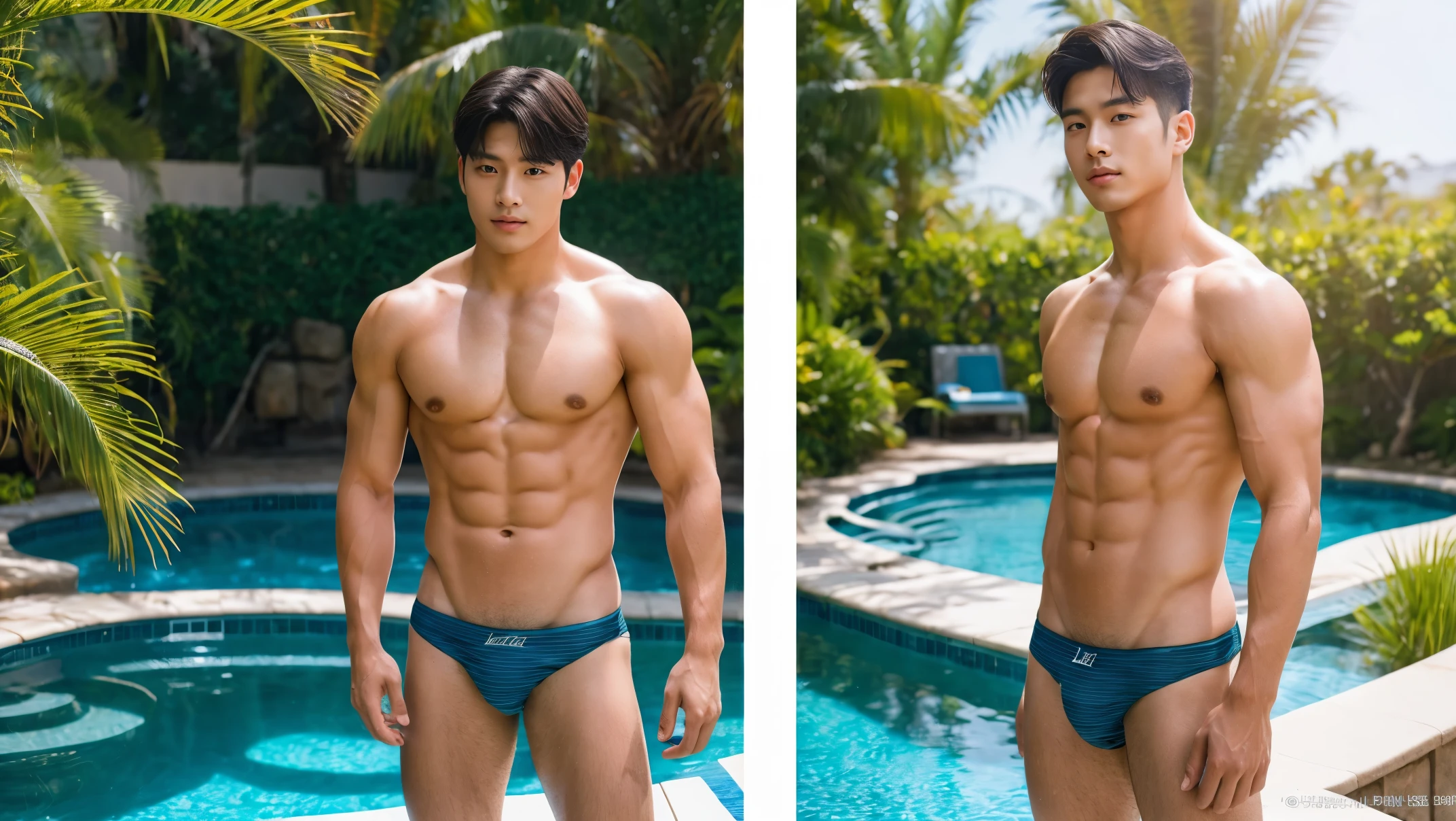 In the captivating image lies a Korean handsome guy, radiating charisma as he proudly showcases his slightly muscular build in a full-bodied stand-up pose. Wearing a sexy bikini that accentuates his physique, he stands amidst the outdoor environment, bathed in the golden light of a beautiful day.

With an unrivaled attention to detail, this photorealistic portrait embodies the National Geographic style, capturing every nuance of his textured skin in 8k resolution. His features emerge in pristine clarity, from the deep-set eyes to the chiseled jawline, making this image a true masterpiece.

The lif