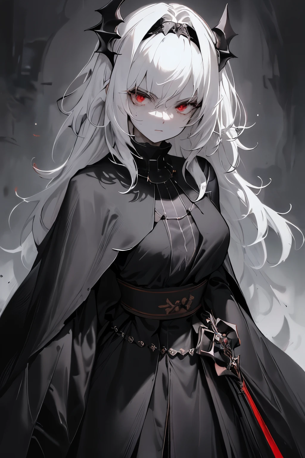 black long sword，cloak，vampire，Full body close-up，masterpiece, best quality, best quality,Astonishing,beautiful red eye,fine details,depth of field,Extremely detailed CG unified 8k wallpaper, masterpiece,(((dark white hair))),shrine maiden,(shadowy mist),{flowing hair},{thick hair},{{{Gelatinous texture}}},{contour},(Ruins of beautiful details),{Character close-up},{{{smooth skin}}},(((Upper body))),(The skin is smooth and shiny),(Smooth face、Radiant hair),perfect details,Beautifully gorgeous necklace,,