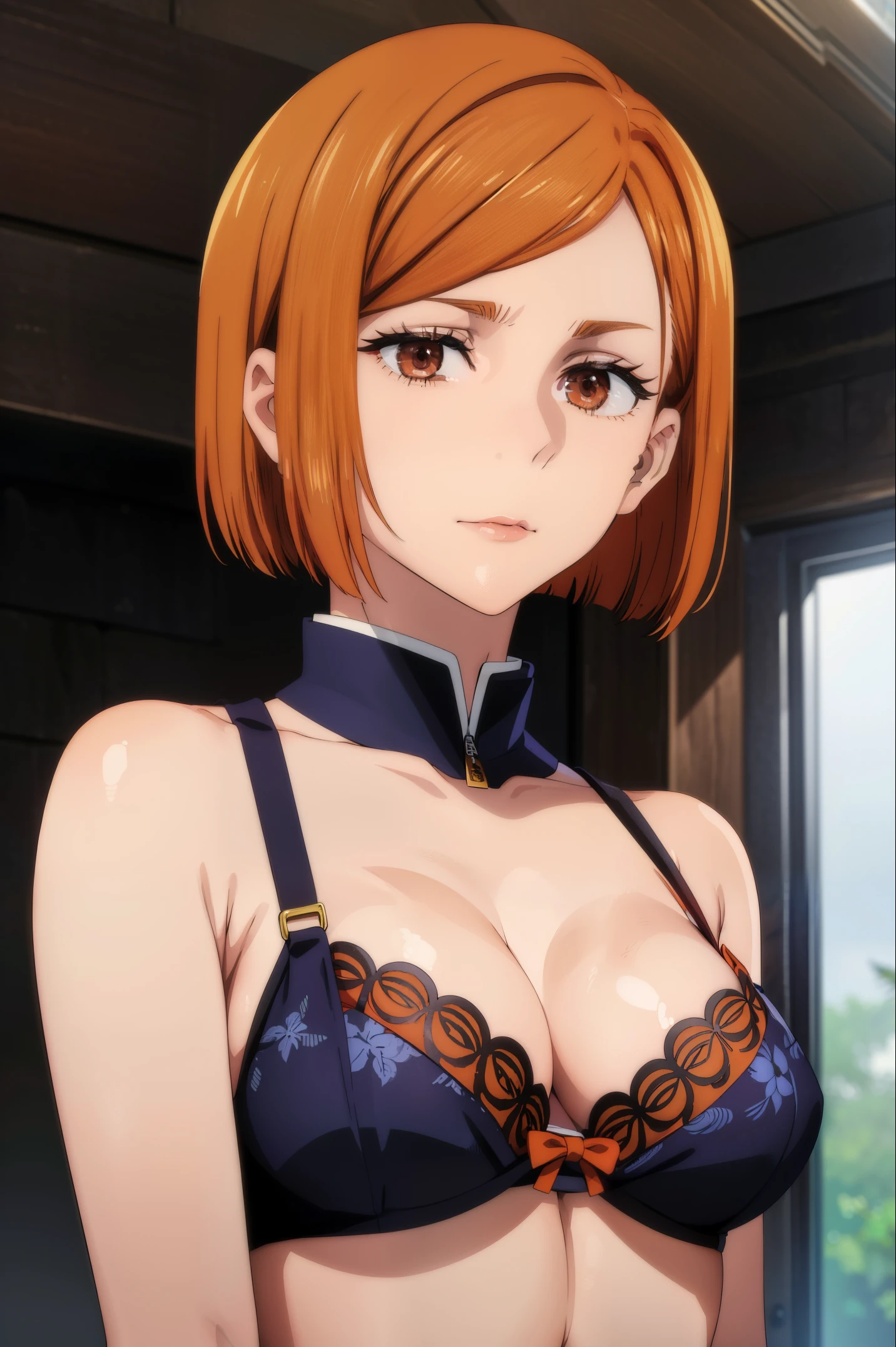 (masterpiece), (best quality), (ultra-detailed), (best illustration), (best shadow), (absurdres), nobarakugisakinova, short hair, orange hair, ((brown eyes)), kugisaki nobara, (bra), 1girl, solo, bangs, closed mouth, looking at viewer, upper body,