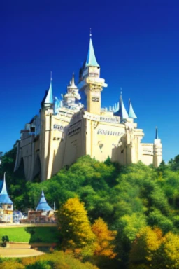 Cartoon picture of a large white castle with a bell tower, Madhouse studio anime style, palace background, magical castle school on a hill, castle scene comics, milky white palace, Distant royal steampunk castle, Madhouse anime style, Castle setting, castle background, Animated screenshots, luxury castle, 2012年Animated screenshots