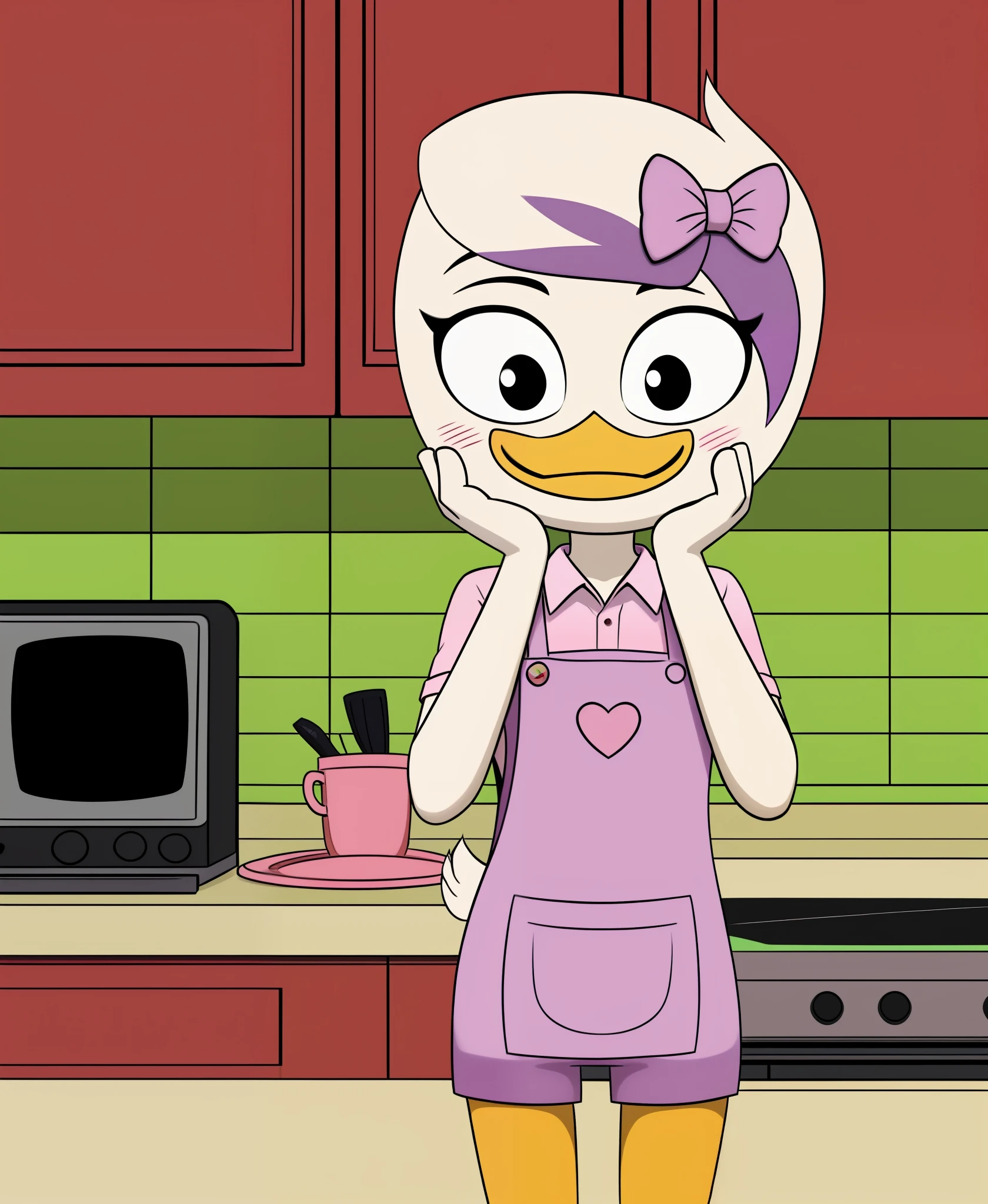 (by drockdraw:1.2) (by chelodoy:1) (by ashraely:1)  lena sabrewing, white skin, white hair, beak, (orange legs:1.2) ducktales, scut tail, short hair, (pink dress shirt, purple shorts:1.2) (pink apron:1.4) (bow accessory, pink bow:1.1) clothed, hands on face, black eyes, glistening eyes, eyeliner, smile, blush lines, mouth closed:1.3, young, standing, (inside, kitchen, standing in front of countertop:1.3) 