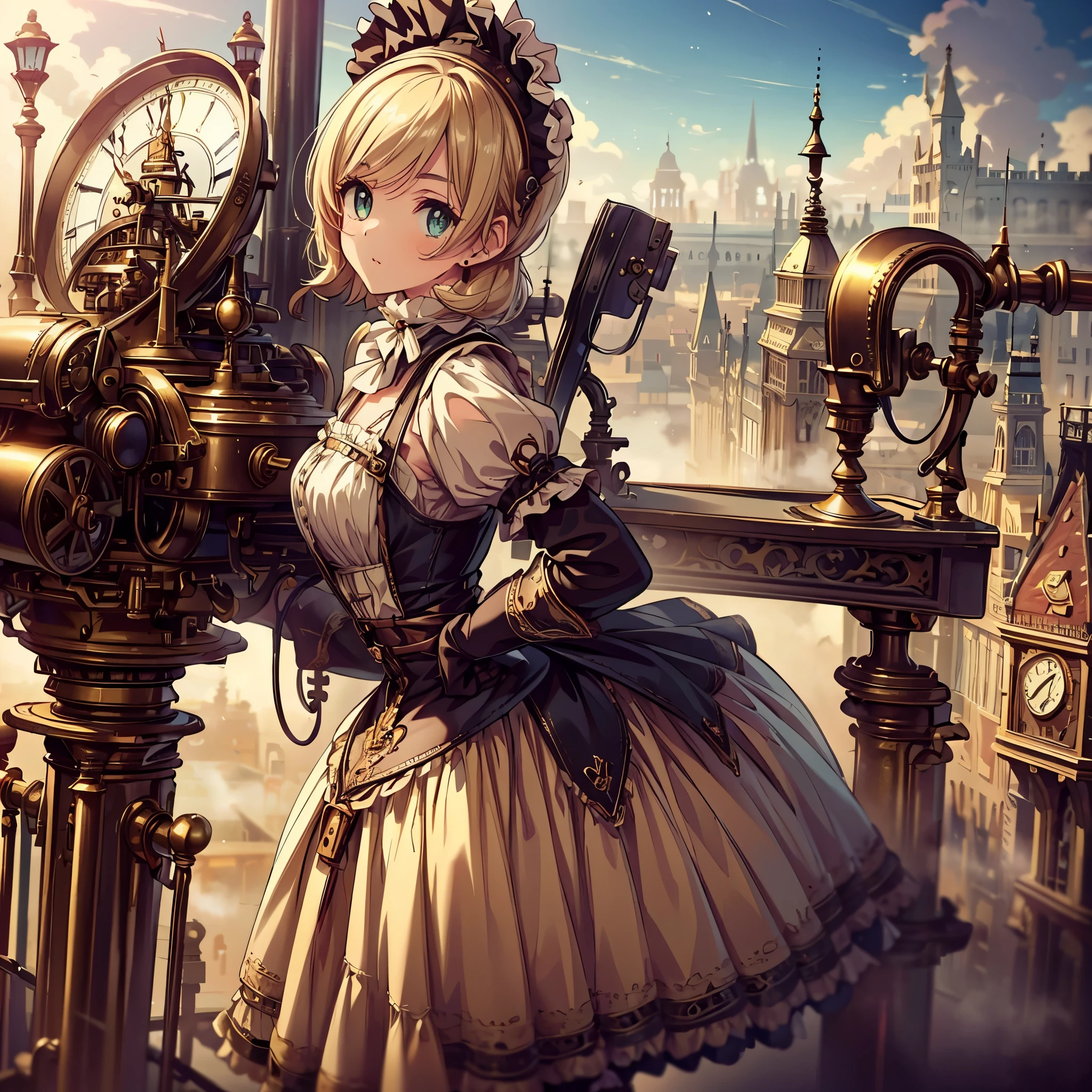 (masterpiece), best quality, expressive eyes, perfect face, ((perfect anatomy, best hands)), 1girl, (solo:1.5), a maid with a huge Winding Key at her back in steampunk style ((holding a machine)) standing on the top of stairroom, blond, gear,dial, boots, (white_apron:1.3),(maid headdress:1.3), black_dress,steampunk, gloves, belt puch, boots, suspenders, chain), (outdoors:1.5),London,street,(Victorian_era:1.5),(fog:1.5,steam:1),orange_sky,city view,(from_above:1.1),VictorianPunkAI