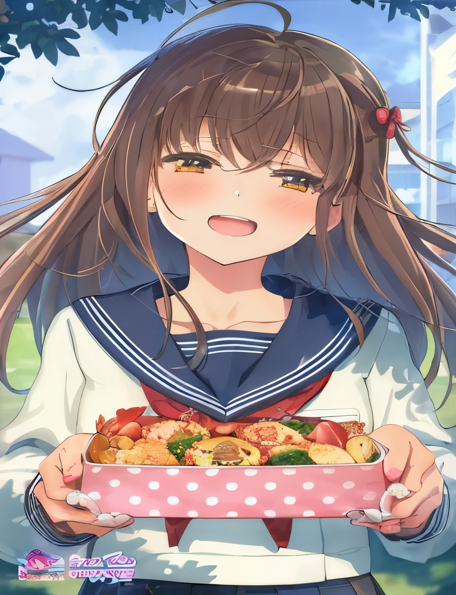 Cute girl holding a plate of food in front of a building, anime visual of a cute girl, marin kitagawa fanart, kawaii realistic portrait, sakimi chan, anime food, cute anime girl, anime moe artstyle, about to consume you, sakimichan, official art, nishimiya shouko, beautiful anime high school girl, 🍁 cute, official artwork
