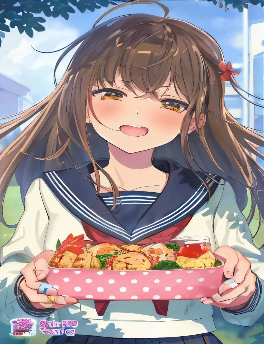 Cute girl holding a plate of food in front of a building, anime visual of a cute girl, marin kitagawa fanart, kawaii realistic portrait, sakimi chan, anime food, cute anime girl, anime moe artstyle, about to consume you, sakimichan, official art, nishimiya shouko, beautiful anime high school girl, 🍁 cute, official artwork