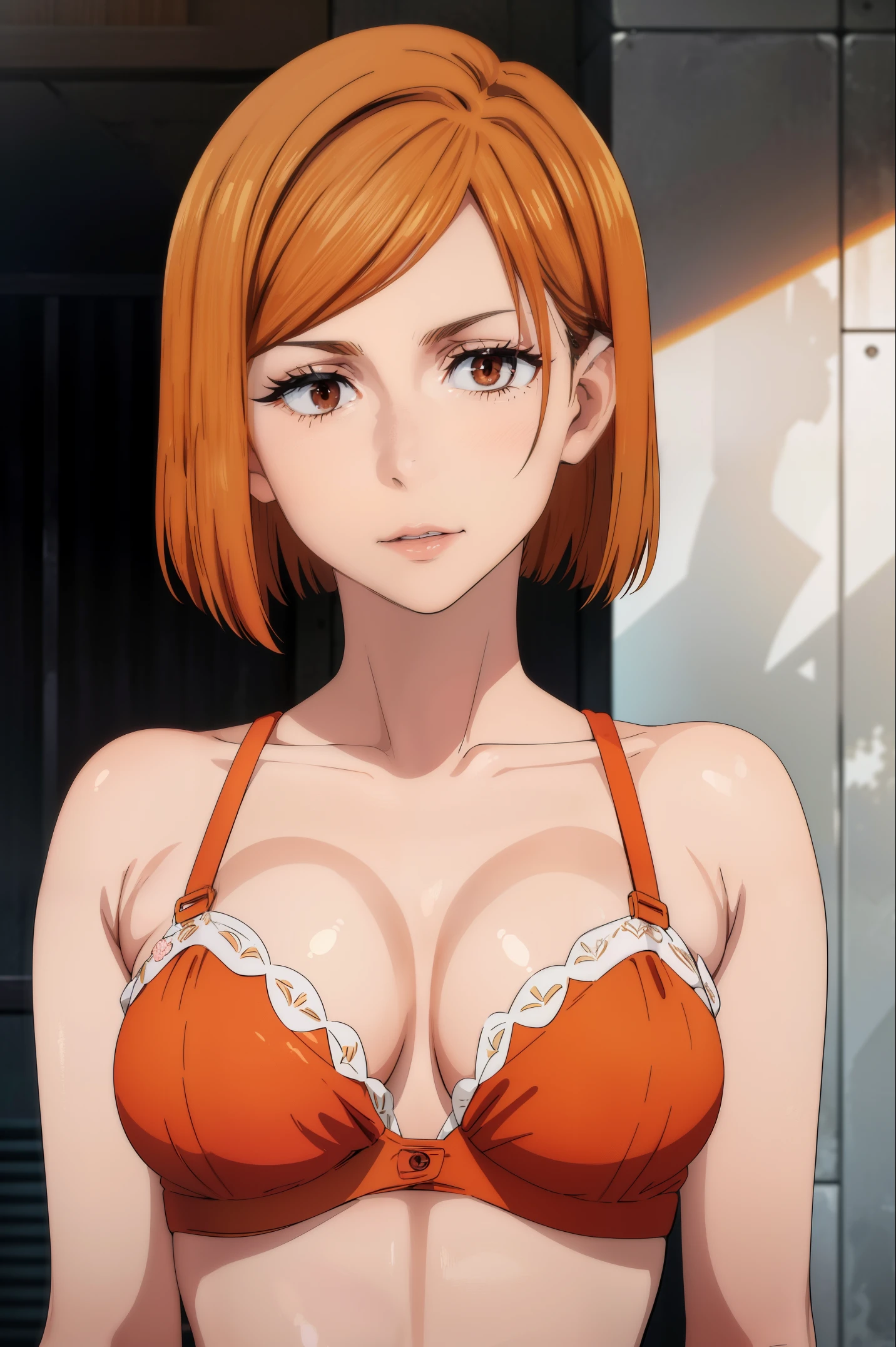 (masterpiece), (best quality), (ultra-detailed), (best illustration), (best shadow), (absurdres), nobarakugisakinova, short hair, orange hair, ((brown eyes)), kugisaki nobara, (bra), 1girl, solo, bangs, looking at viewer, upper body,