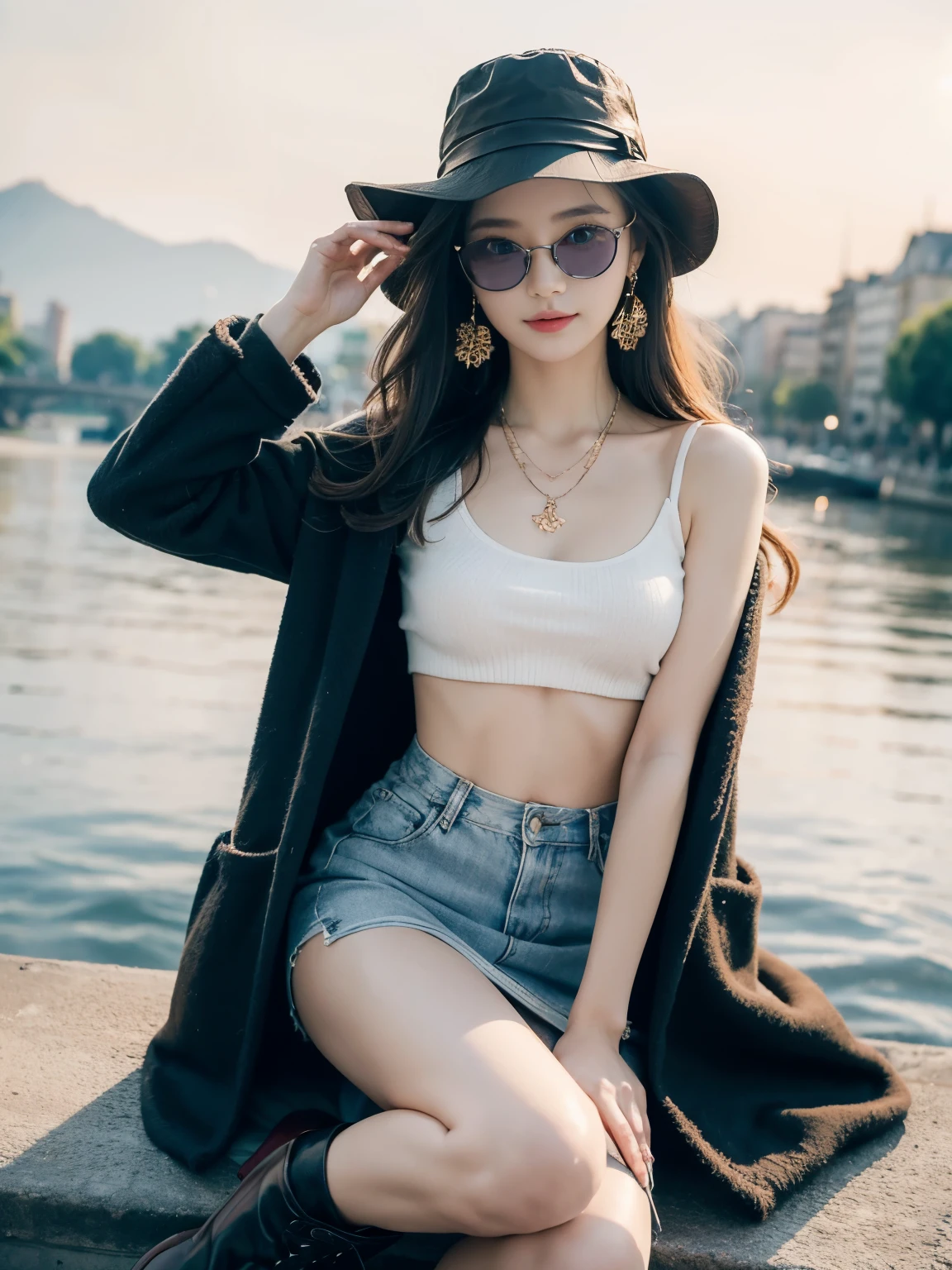 (32K,high detail,high details,High resolution,high density,solo,upon:1.3),(Realistic people,live action,detailed eye,High resolutionの目,fine eyes,Eyes that look like they are alive,beautiful dark blue eyes,fishing eye,detailed lips,clear white skin,detailed realistic face:1.3),(japanese id,korean idol,japanese model,Korean models,Korean K-POP female idol:1.2),(face is flushed,natural makeup,necklace,earrings,へそearrings:1.4)(Long skirt with cut,Colorful tops with oversized silhouettes,Large coat,leather boots,hat,Mode-based beautiful eye casual:1.6),(well-shaped chest:1.5),(Young but very beautiful Korean16 year old girl,cool eyes,smile a little,backwards,looked back,look at the camera,Fashion Leader,Fashion Model,soft skin,Unforgettable eyes,Her eyes are too beautiful,I want to go to Paris Collection............,Cutting-edge fashion:1.6),(show your whole body,Show full-body fashion,Stylish blue glasses,show thighs:1.7)