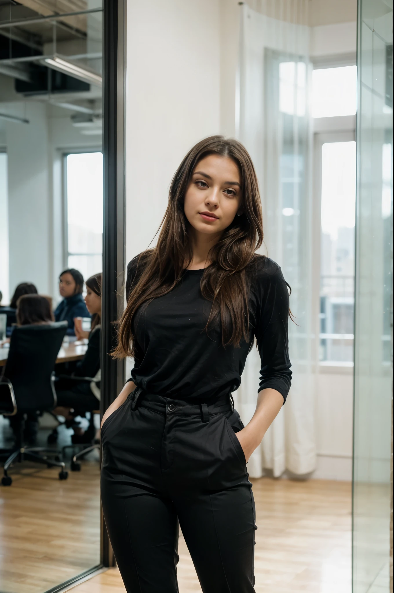 a photo of a beautiful woman, 30 years old, long beautiful hairs, dark brown hair, dark brown eyes, in a conference room,, full body, wearing white blouse with rolled up sleeves, wearing tight BLACK chino pants, the table is in the foreground, her legs are visible, the view is from 45 degrees from the side from the front, looking in the camera, red lipstic, natural light coomming from a window, there is a wann behind her, backgorund blurred, cinematic lighting, motion blur, film grain, very detailed, 30 years, dark brown eyes, high-res, masterpiece, best quality, intricate details, highly detailed, sharp focus, detailed skin, realistic skin texture, texture, detailed eyes, professional, 4k, 85mm, shallow depth of field, perfect fit body, extremely detailed, photo_\(ultra\), photorealistic, realistic, post-processing, maximum detail, roughness, real life, ultra realistic, photorealism, photography, 8k uhd, photography (grain of film) medium shot for closeup shot, longer slimer face, perfect face, HANDS ARE HIDDEN, natural legs, wearing tights, natural arms, middle size breast, charming deep eyes, flirty look. hands are hidden